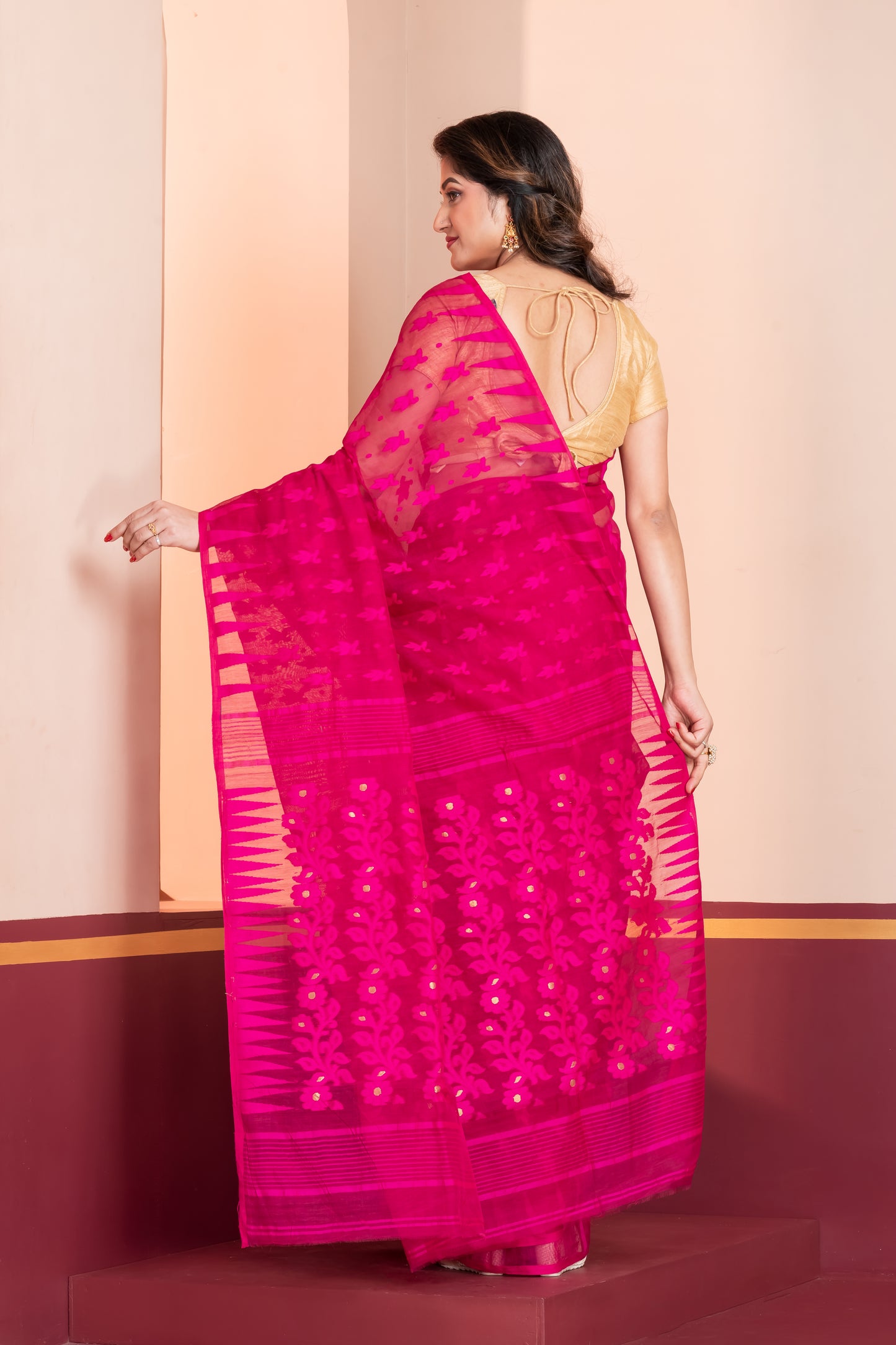 hot pink silk jamdani cotton saree