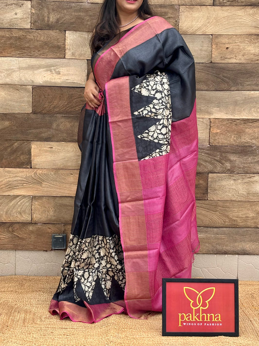 Black Pure Zari Tussar  Hand Block Printed Saree