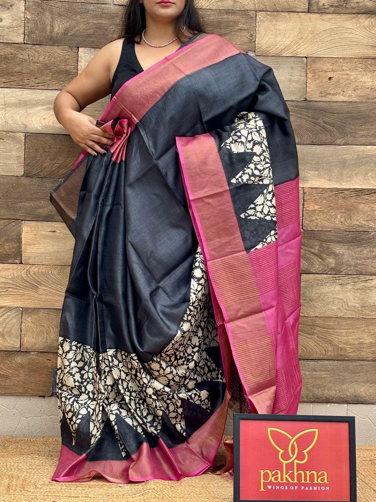 Black Pure Zari Tussar  Hand Block Printed Saree