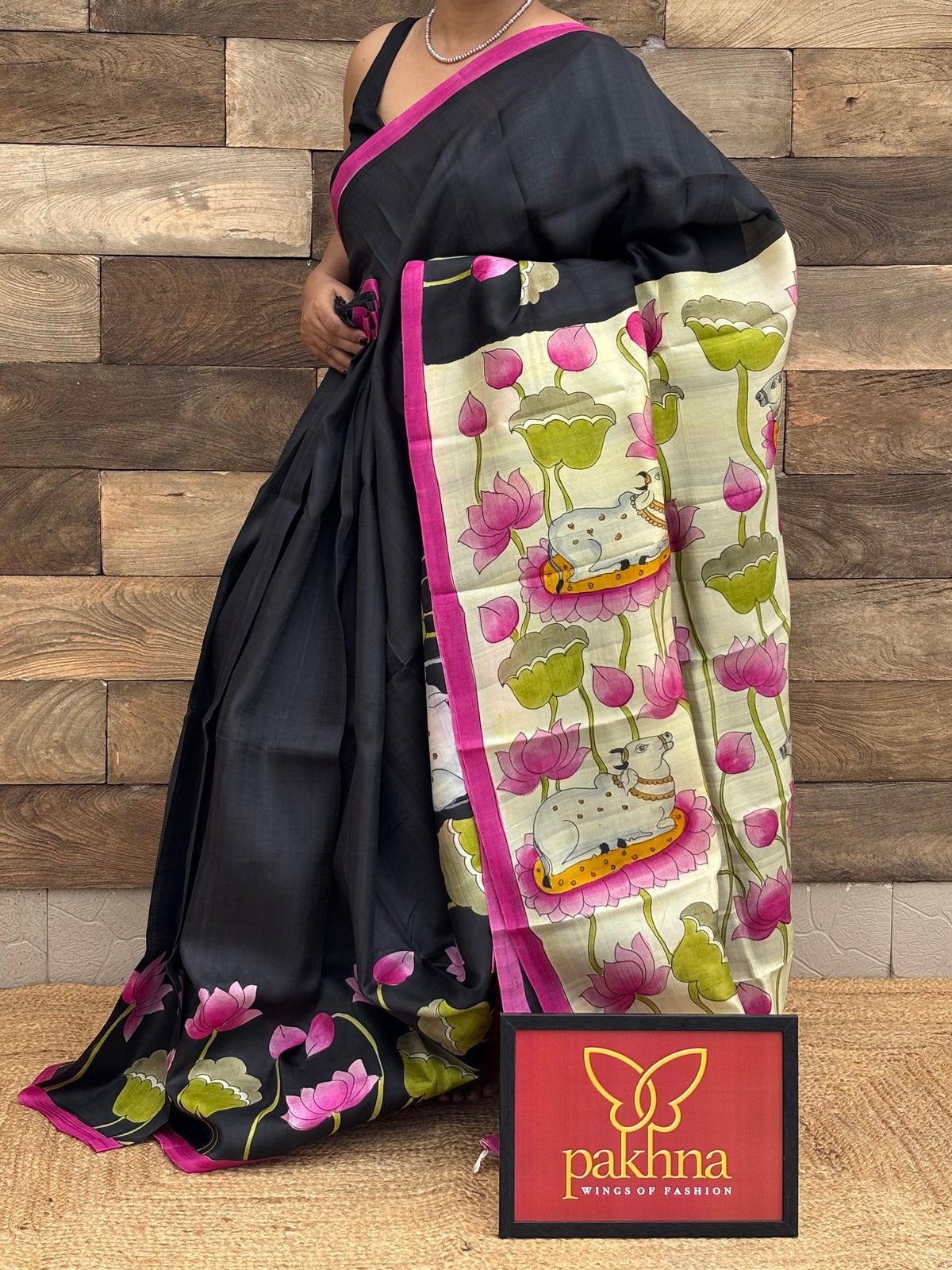 Black Pure Silk hand Painted Saree