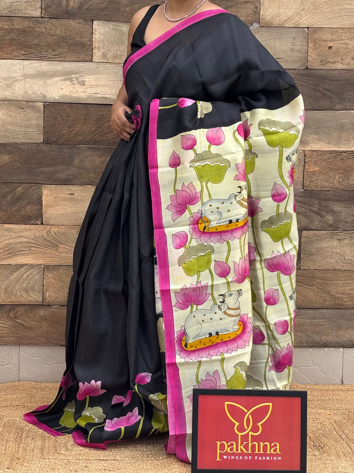 Black Pure Silk hand Painted Saree