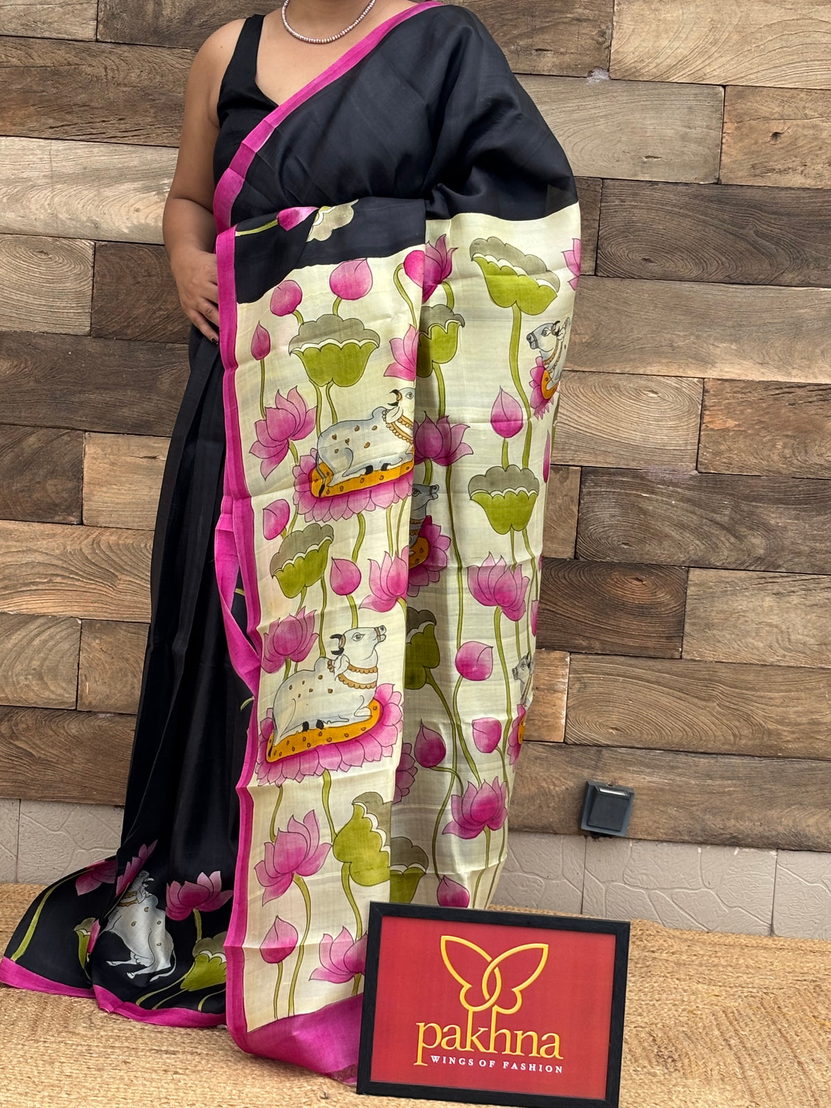 Black Pure Silk hand Painted Saree