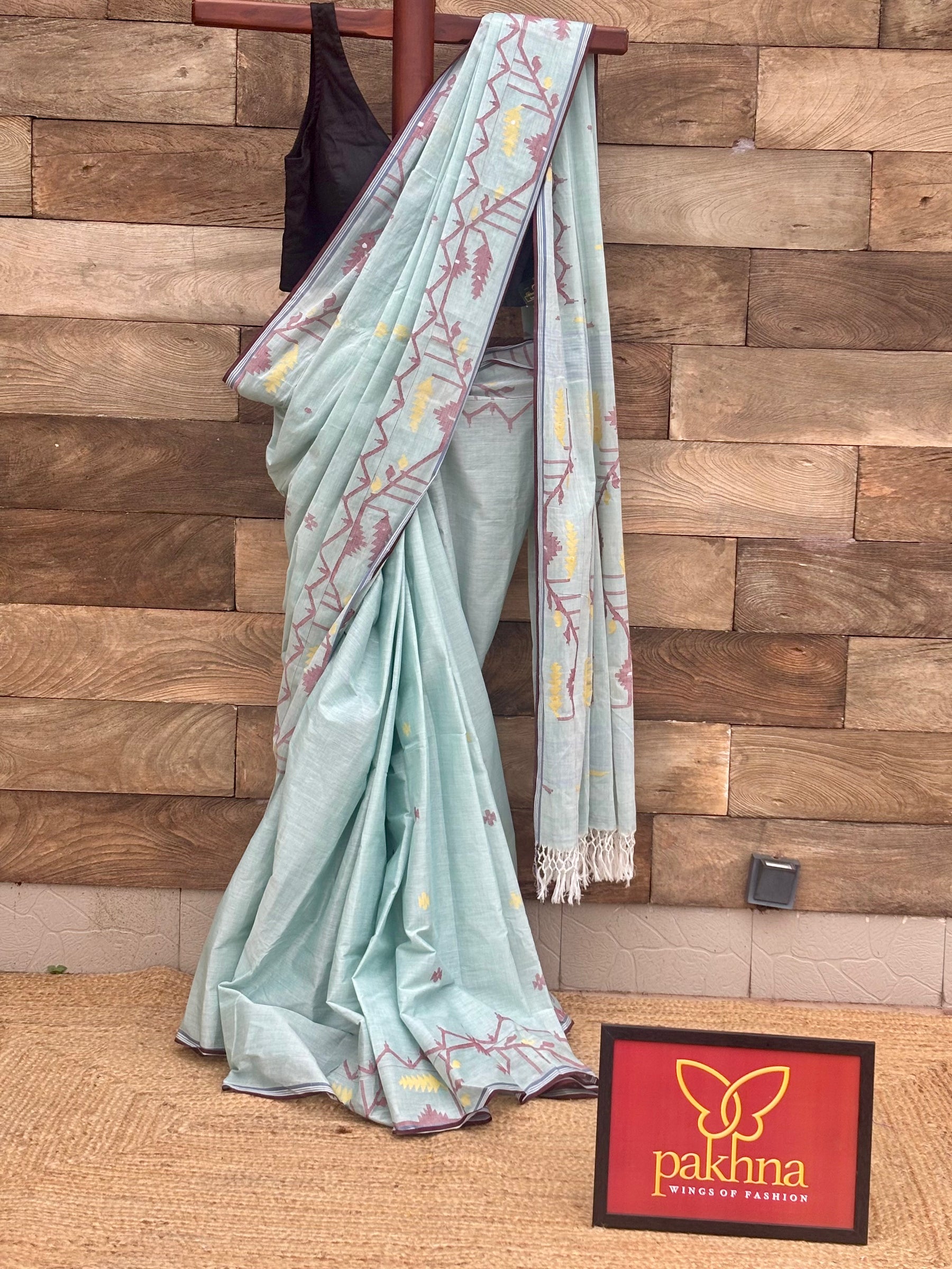 Light Sky Blue Pure Premium Cotton Handwoven Bengal Jamdani Sarees