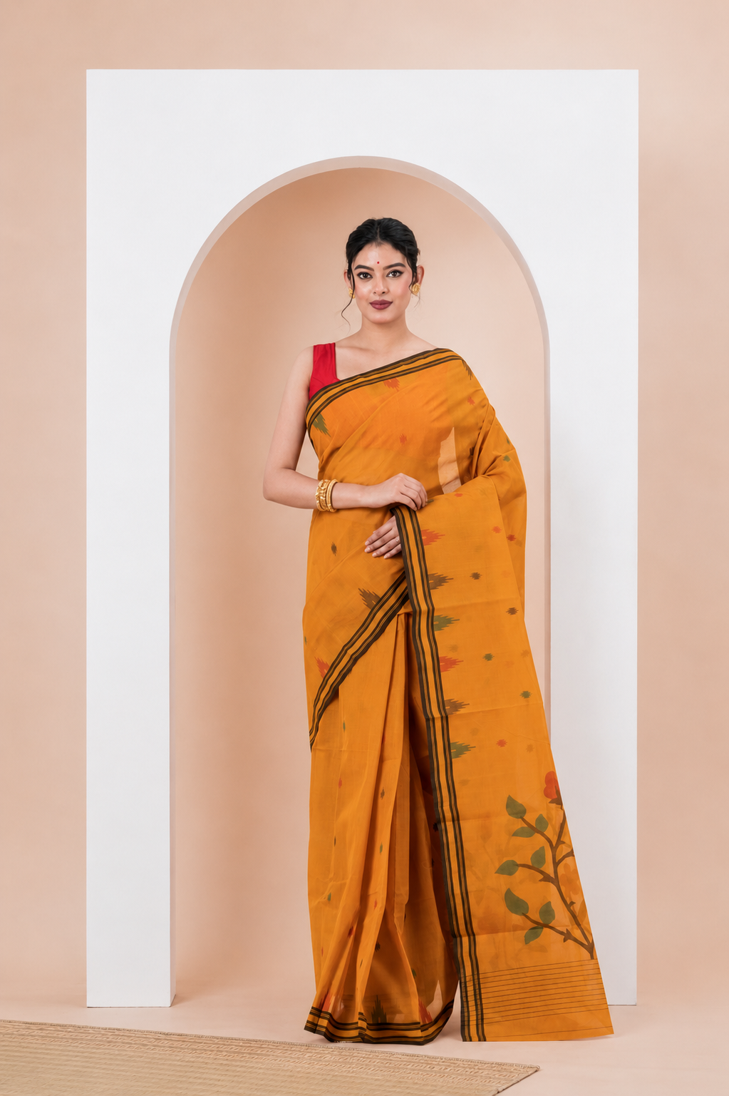 Mustard Yellow  Pure Cotton Jamdani Saree