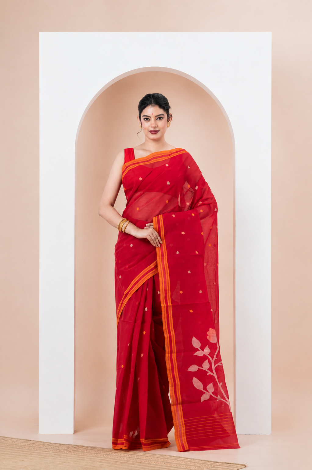 Bright Red Saree Cotton Jamdani saree