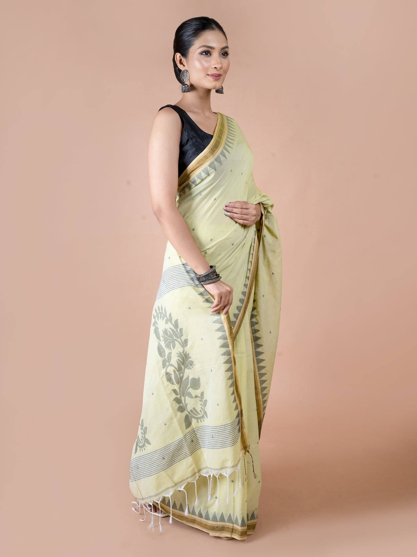 Lemon Jamdani pure cotton saree fresh yellow Bengal