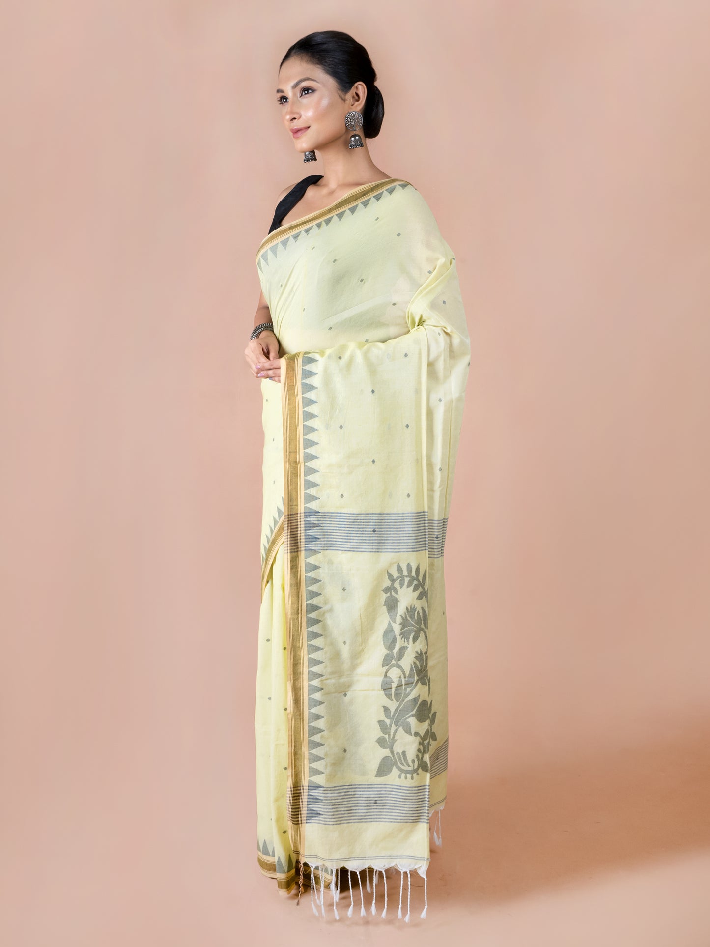 Lemon Jamdani pure cotton saree fresh yellow Bengal