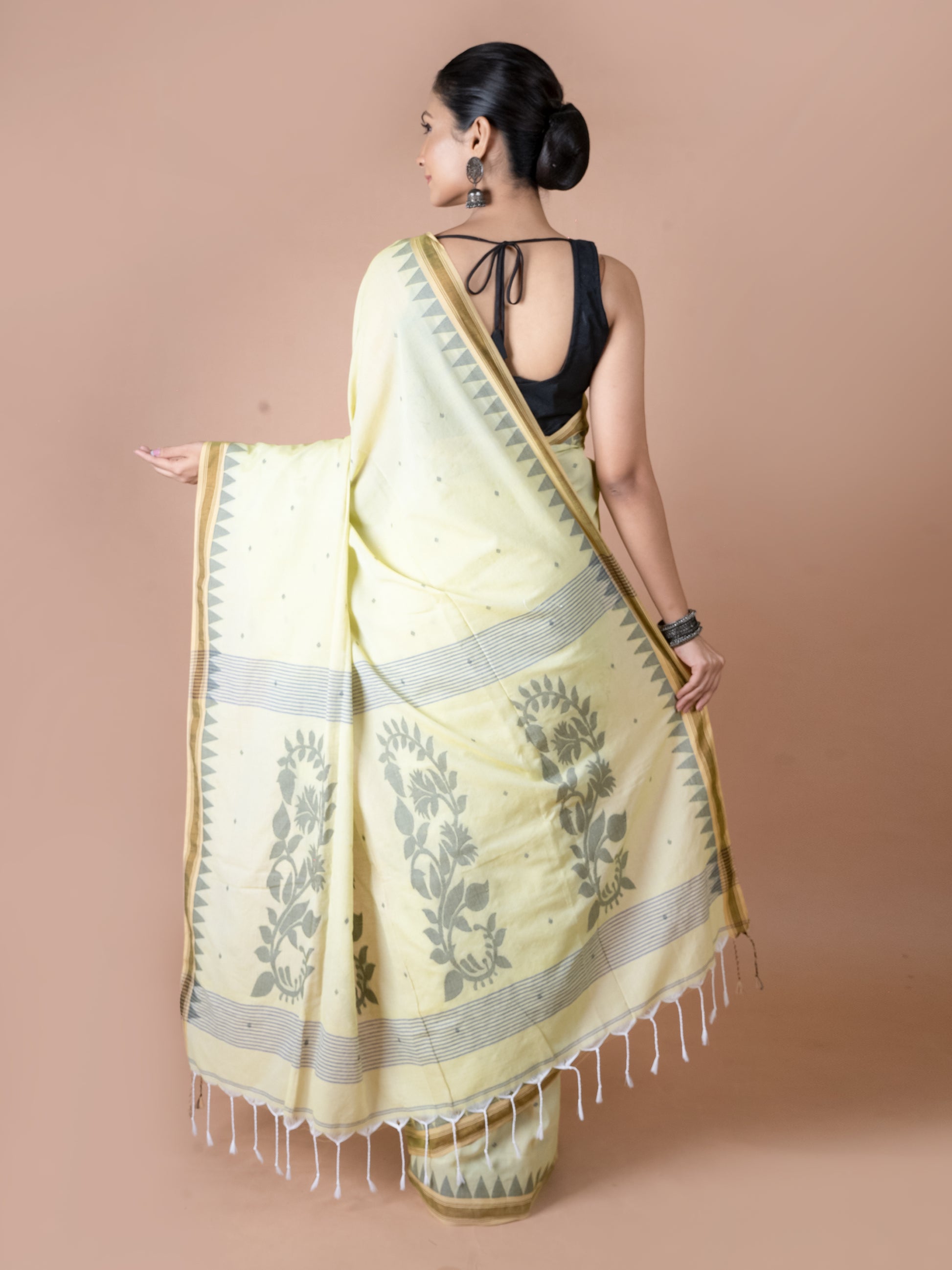 Lemon Jamdani pure cotton saree fresh yellow Bengal