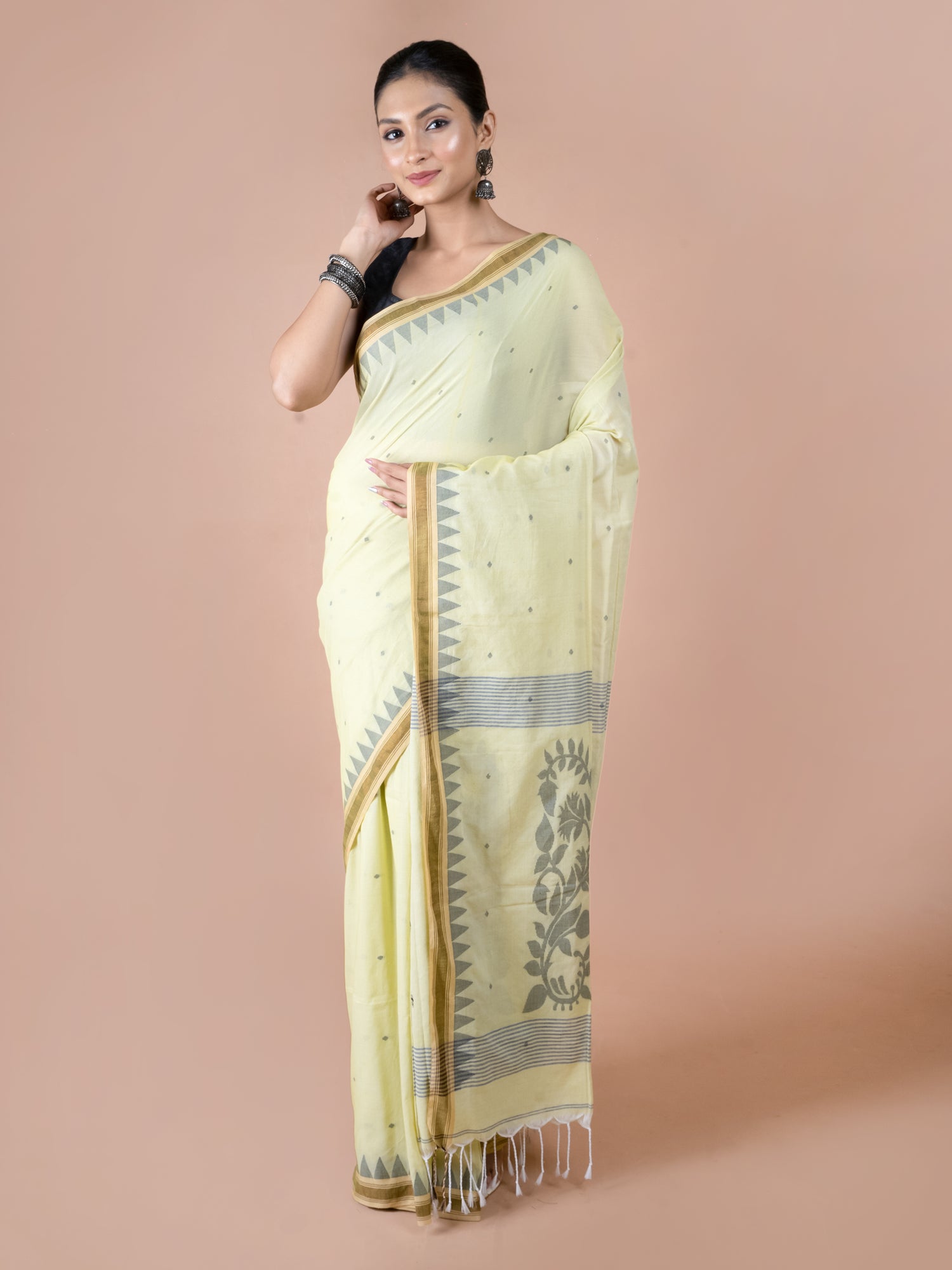 Lemon Jamdani pure cotton saree fresh yellow Bengal