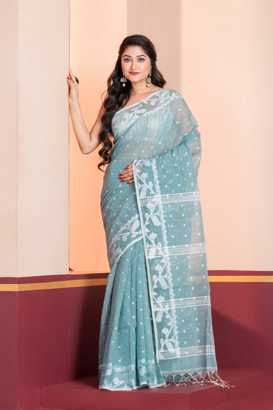 light blue jamdani slub cotton saree