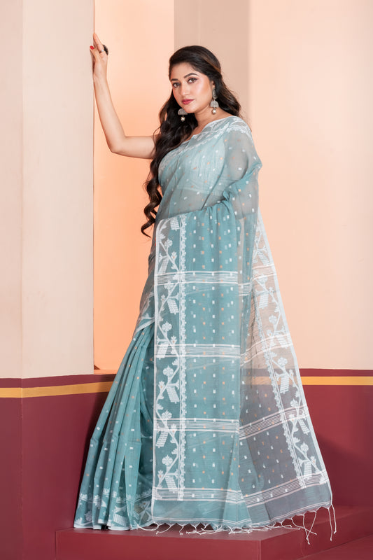 light blue jamdani slub cotton saree