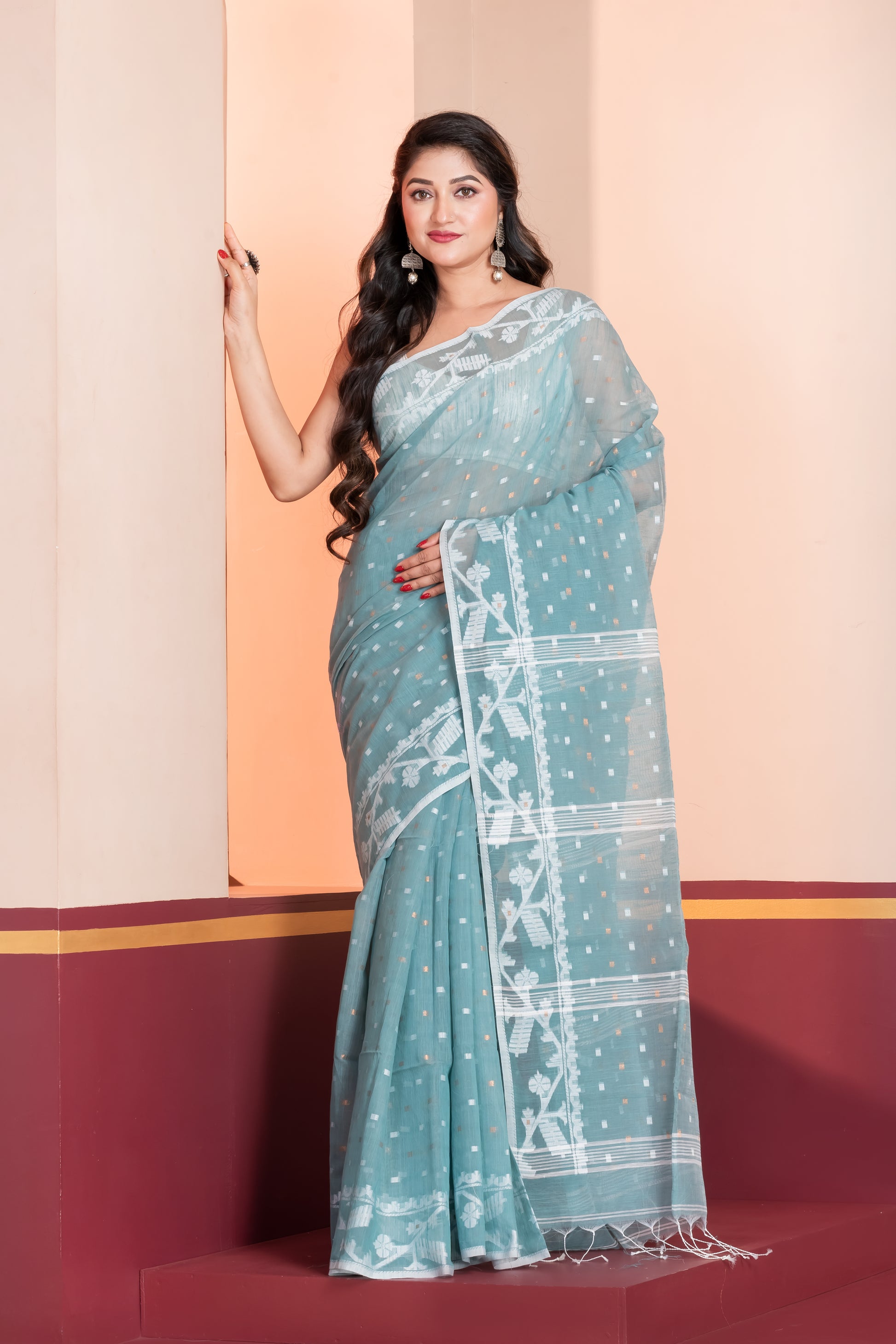 light blue jamdani slub cotton saree