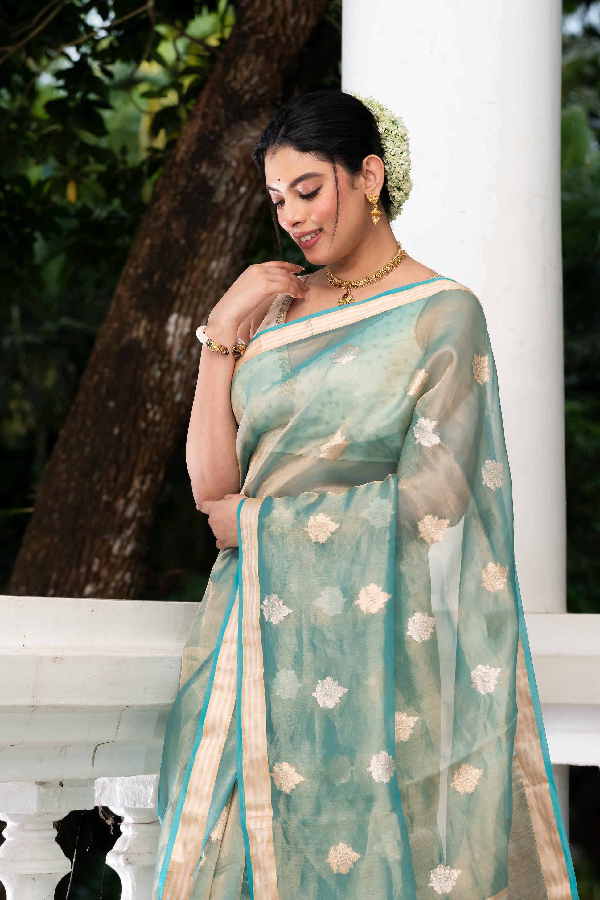 light blue pure tissue banarasi saree