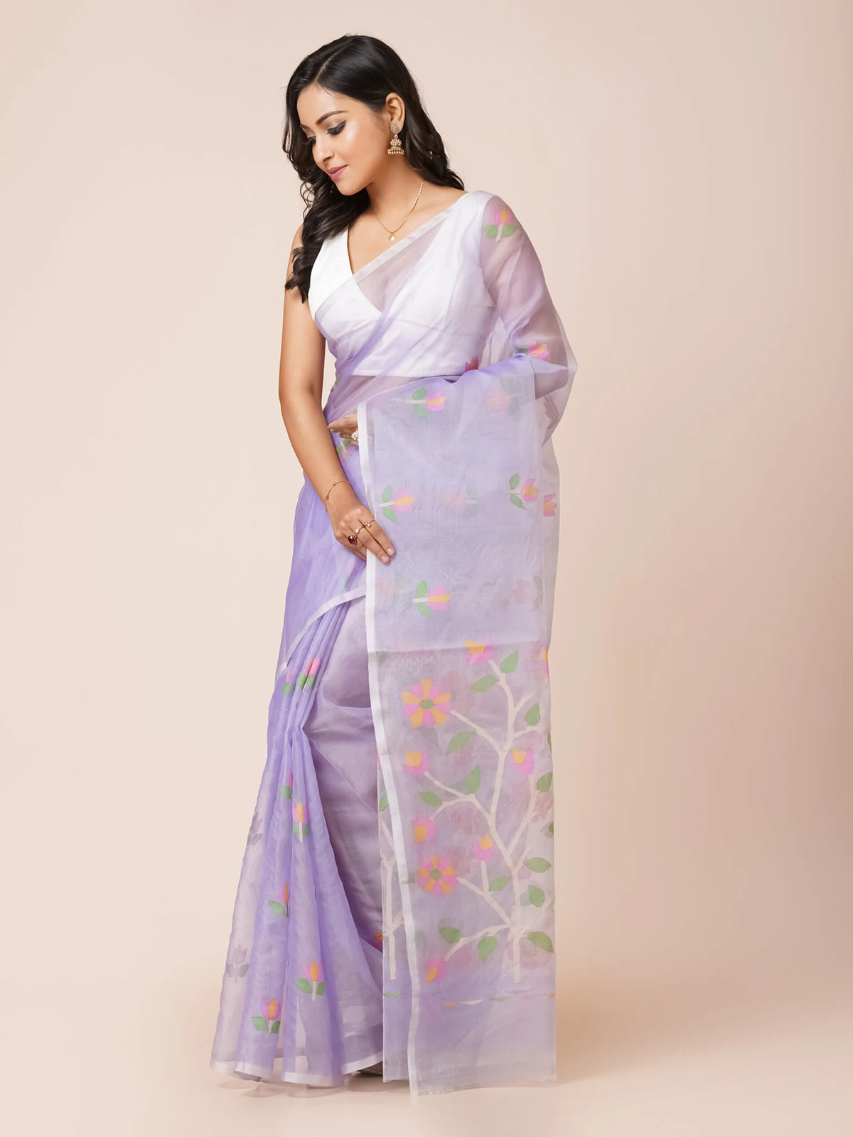 light violet muslin jamdani saree pure handloom
