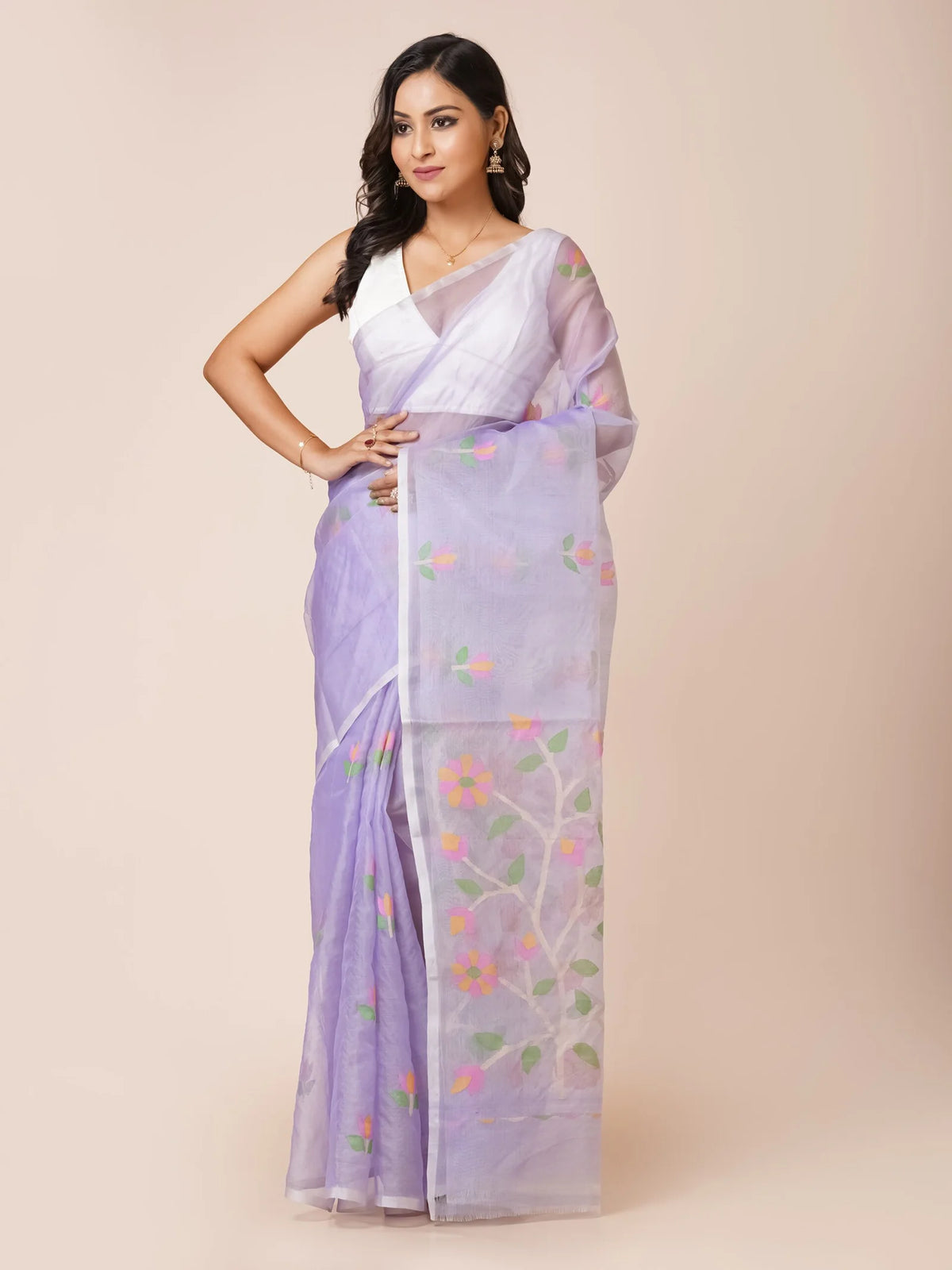 light violet muslin jamdani saree pure handloom