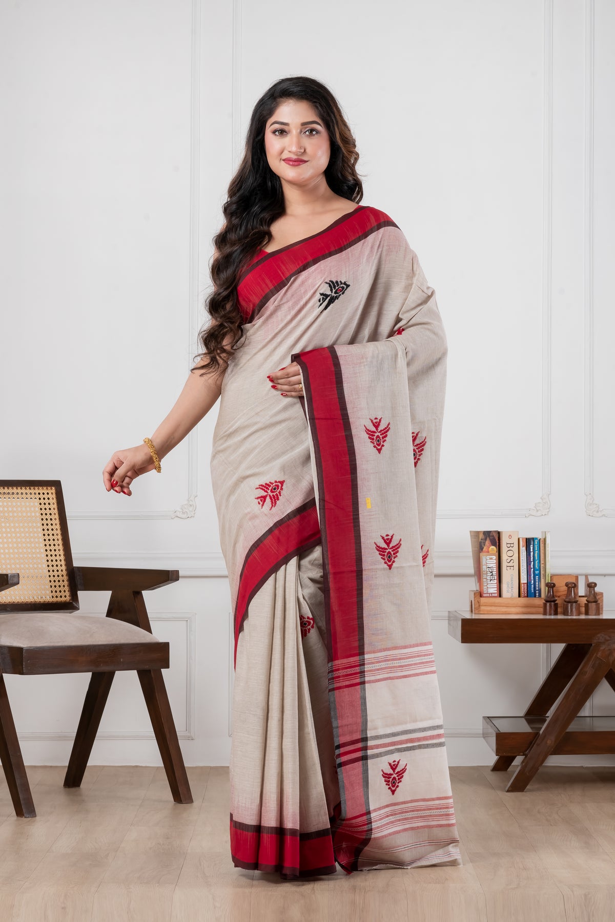 light grey dhonekhali pure cotton saree