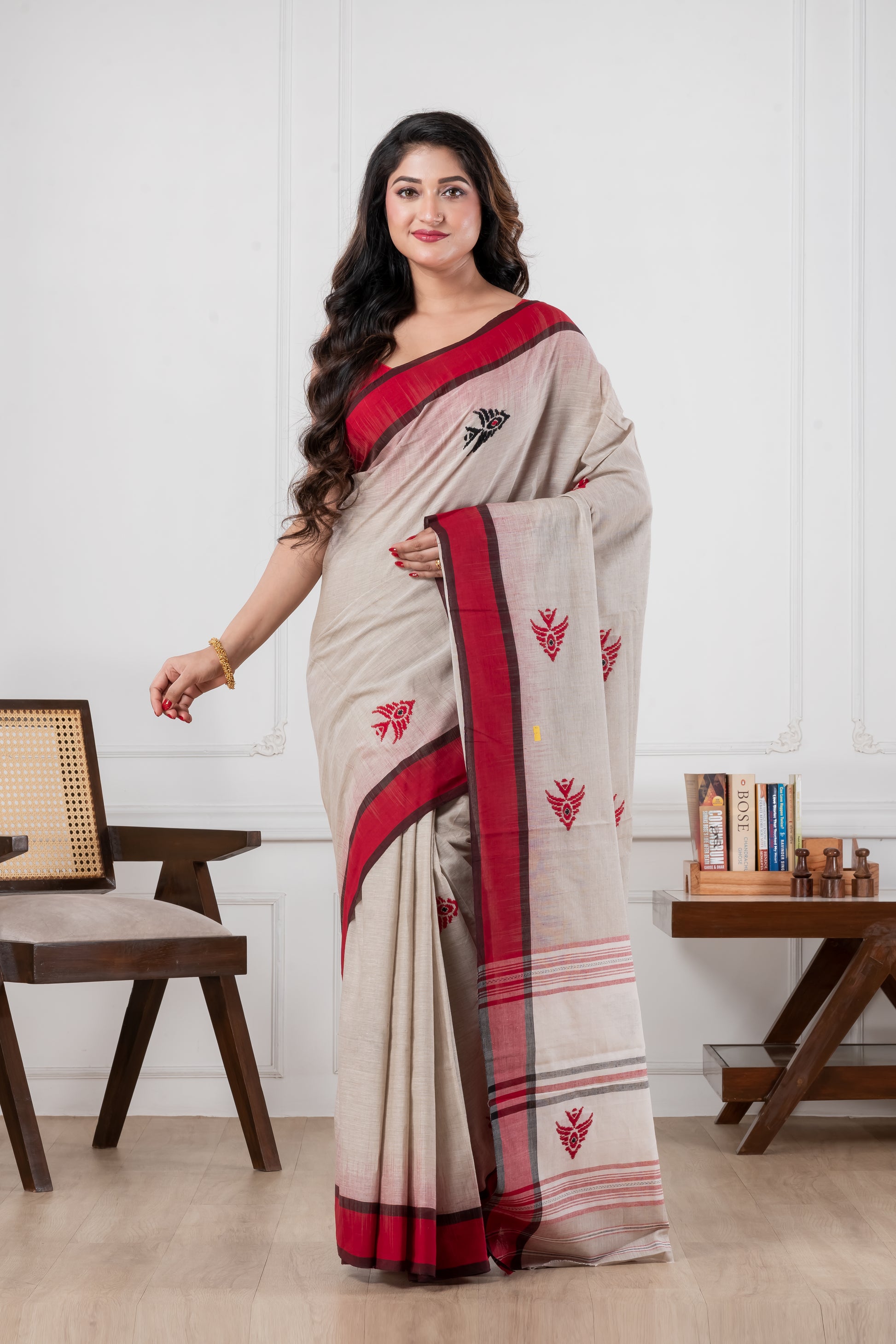light grey dhonekhali pure cotton saree