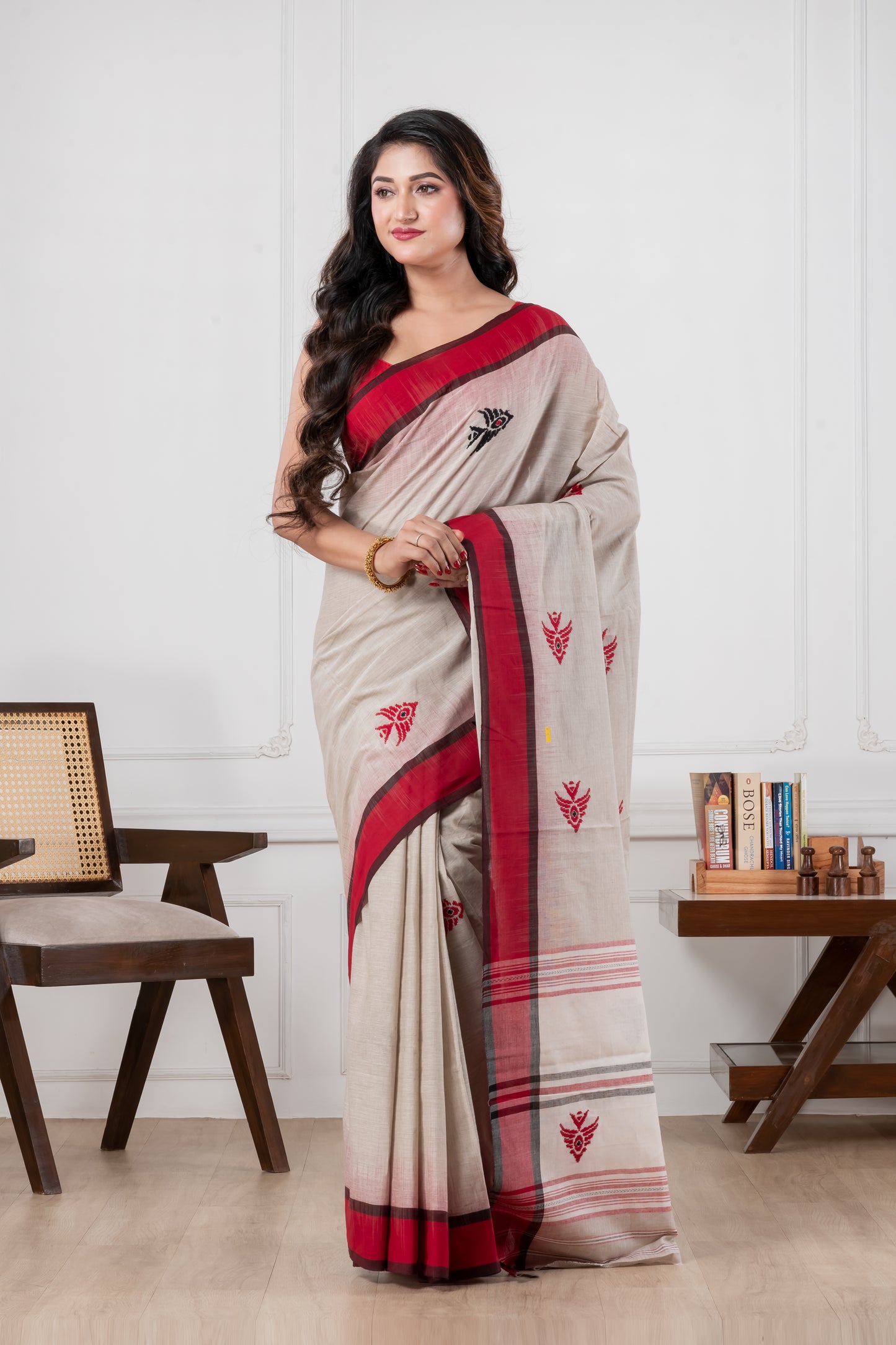light grey dhonekhali pure cotton saree