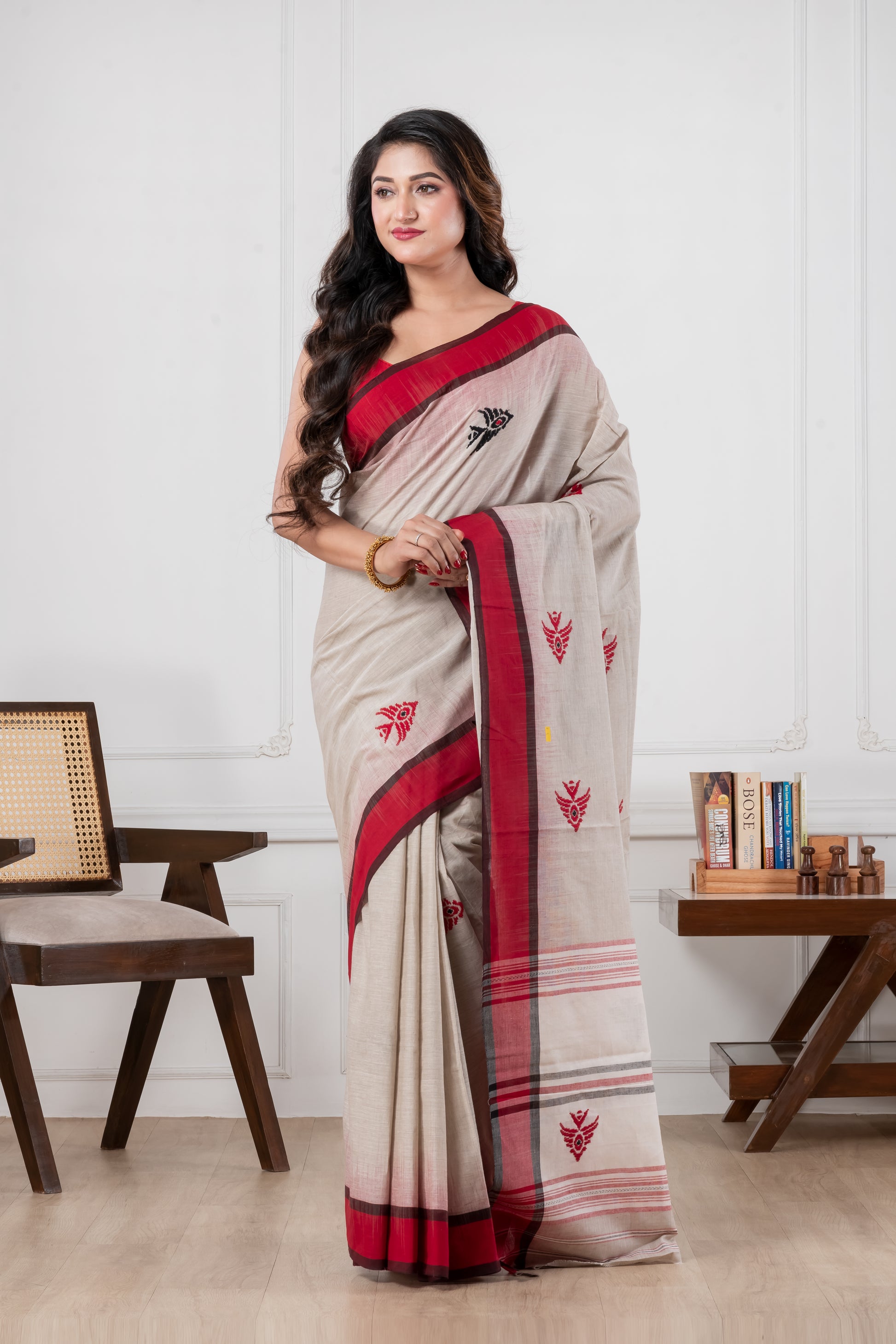 light grey dhonekhali pure cotton saree