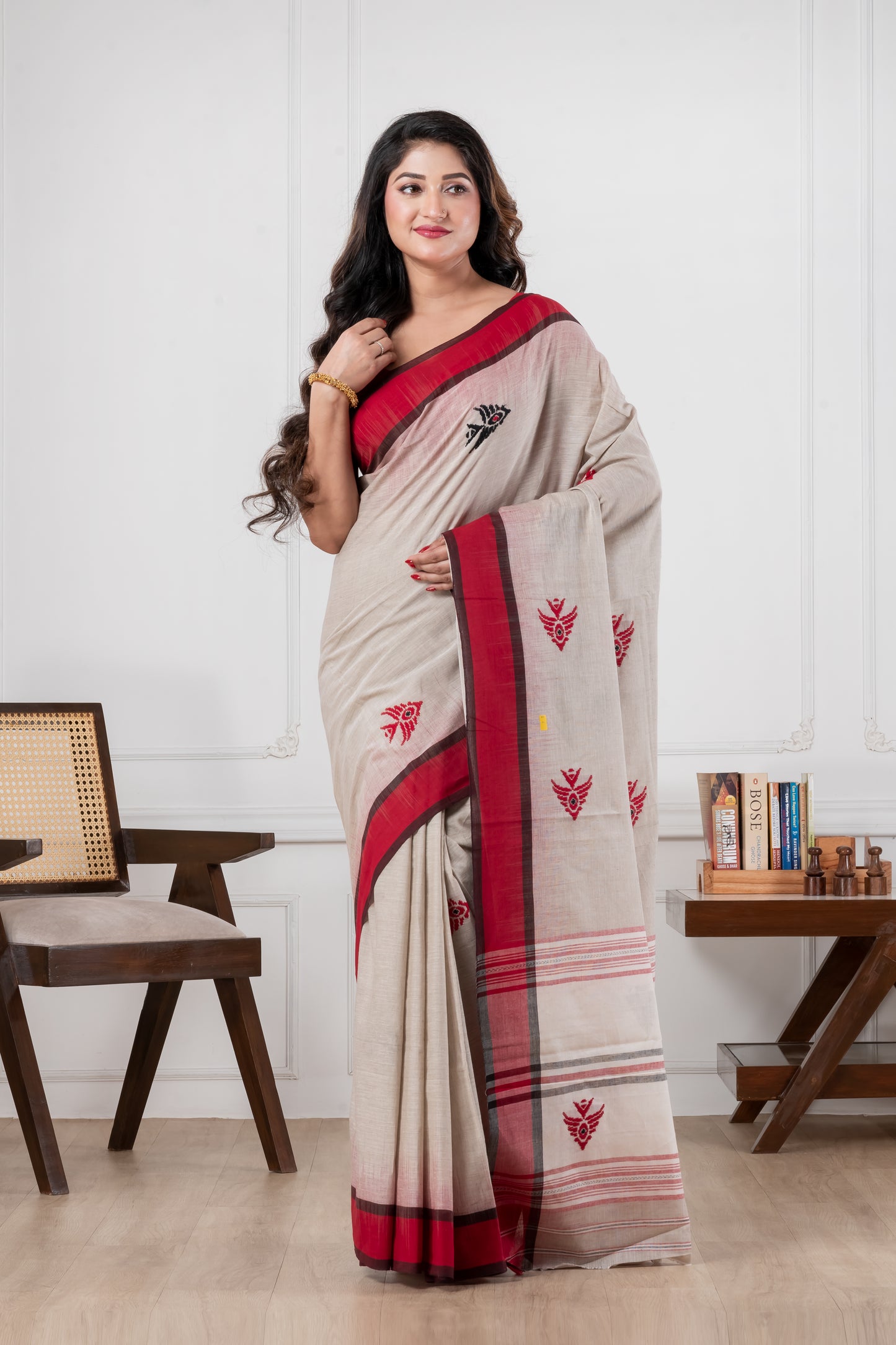light grey dhonekhali pure cotton saree