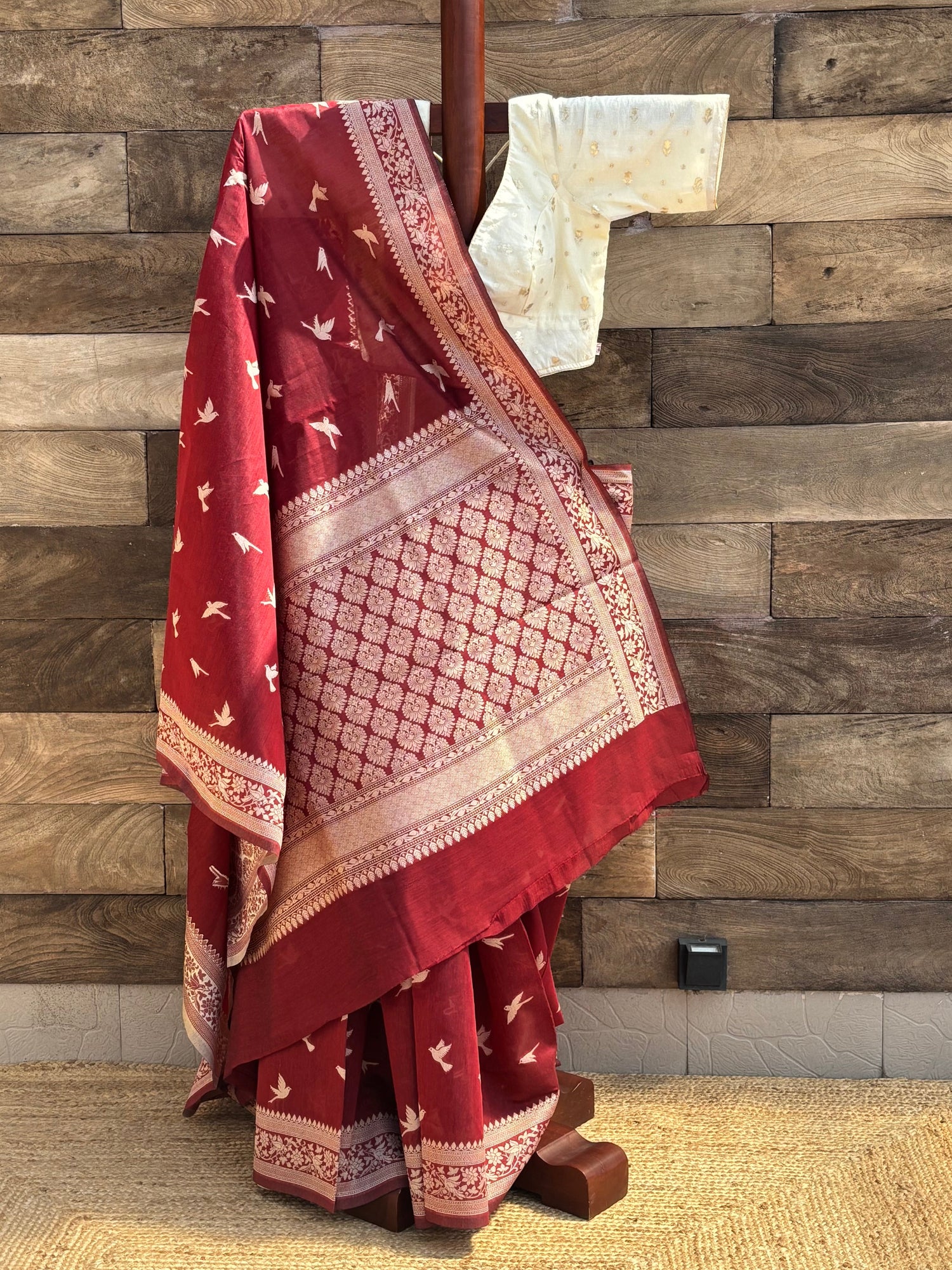 maroon mercerised banarasi cotton saree