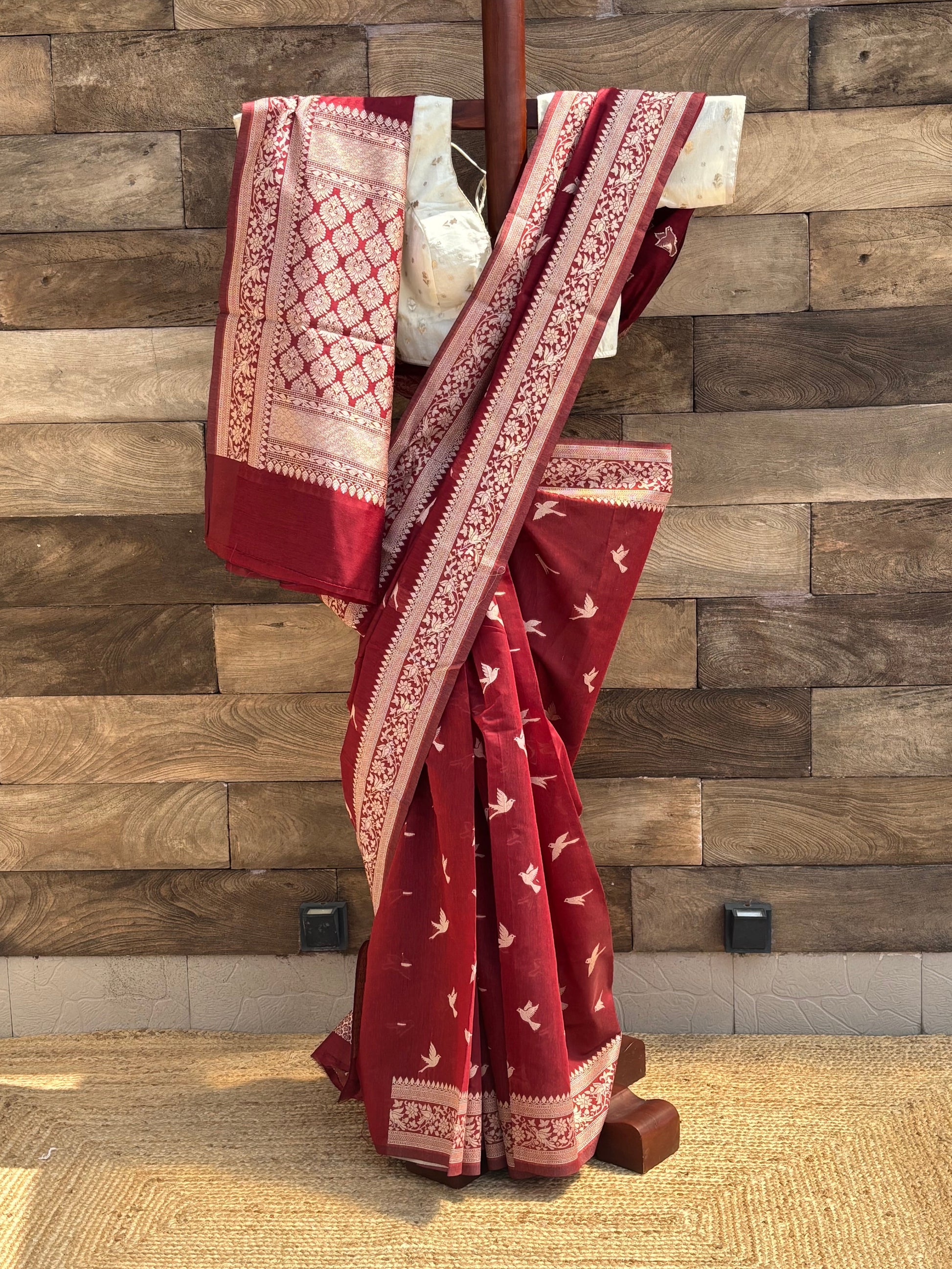 maroon mercerised banarasi cotton saree