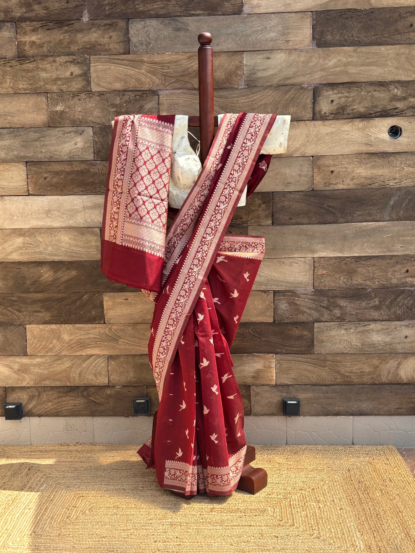 maroon mercerised banarasi cotton saree