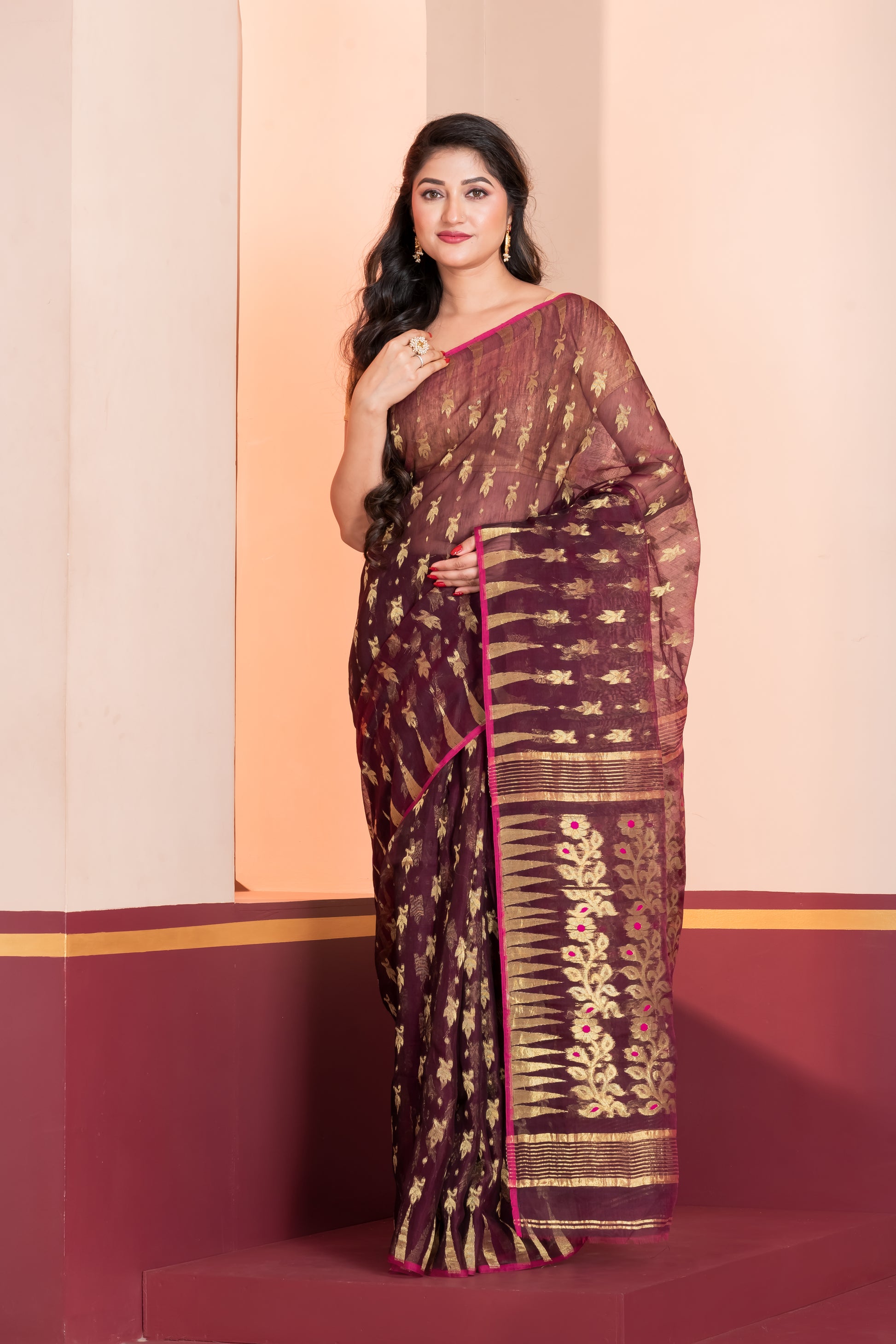 maroon bengal deep jamdani saree