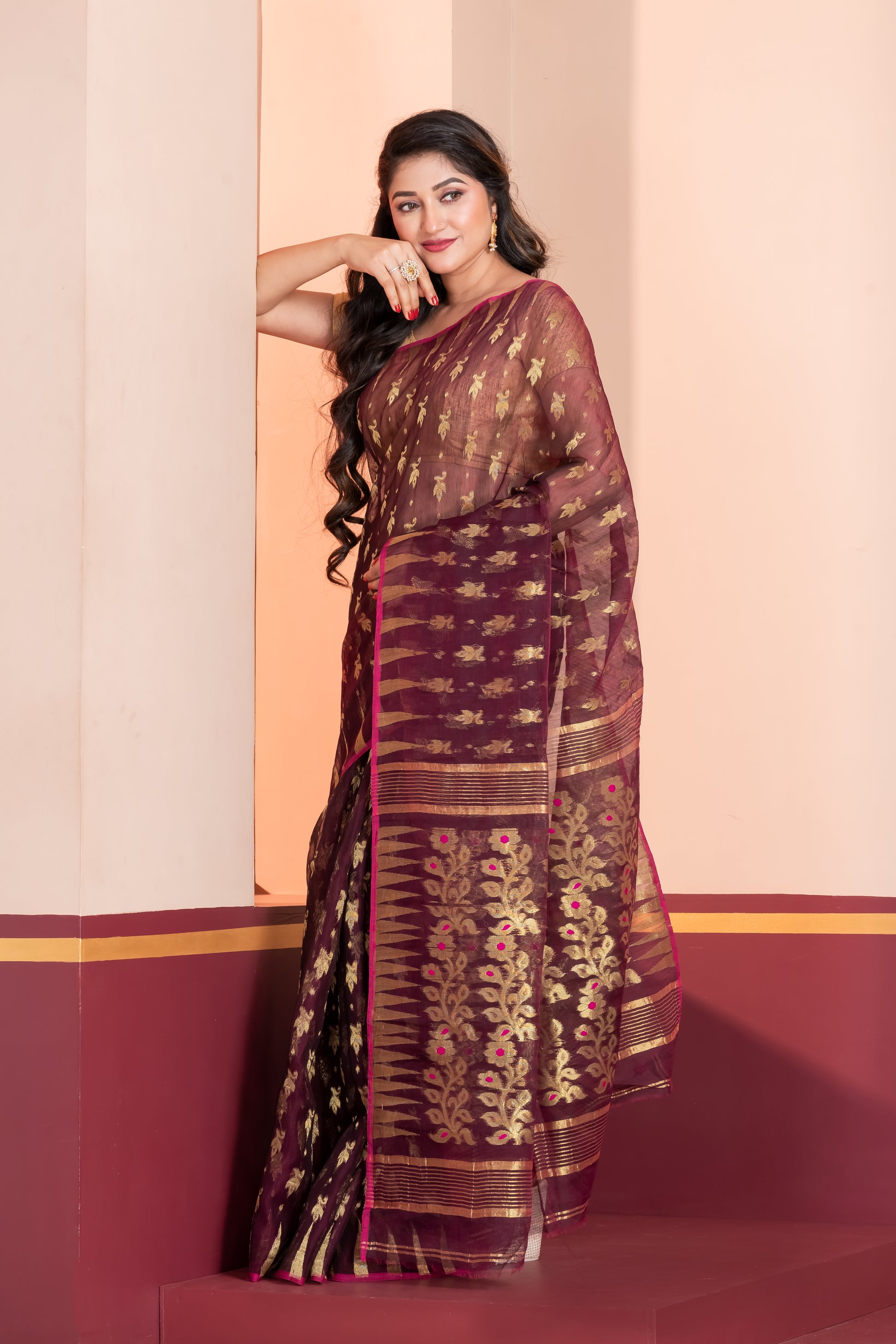 maroon bengal deep jamdani saree