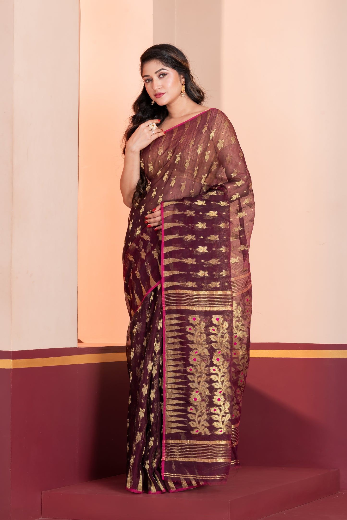 maroon bengal deep jamdani saree