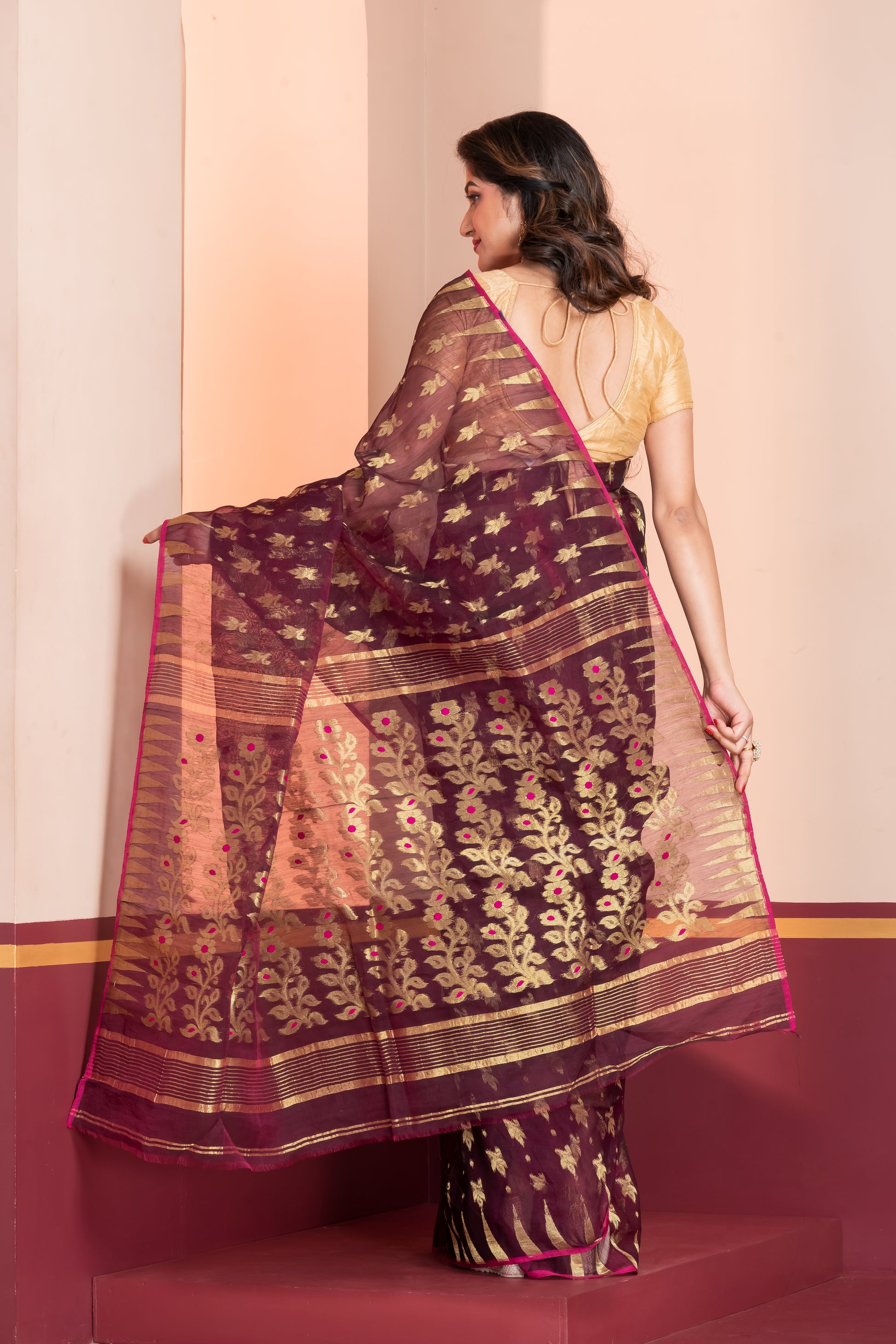 maroon bengal deep jamdani saree