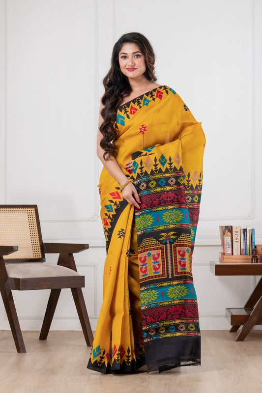 mastered yellow pure murshidabad silk saree