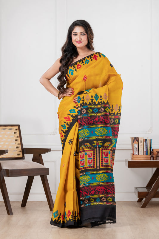 mastered yellow pure murshidabad silk saree