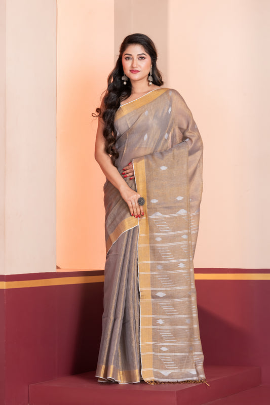 metallic grey tissue linen jamdani saree