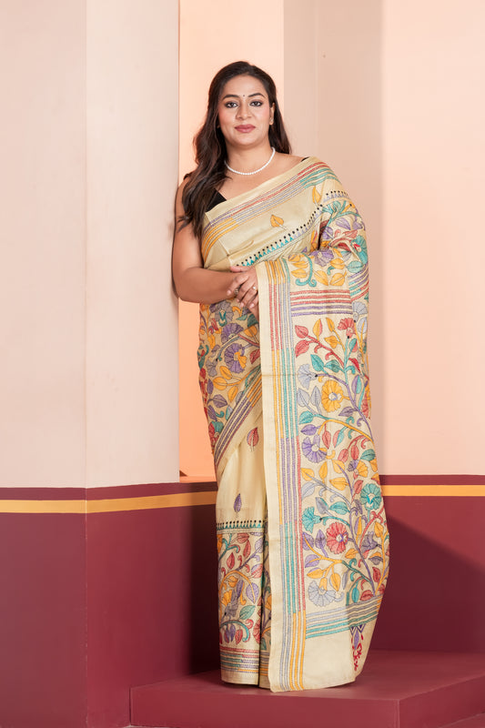 multicolour kantha stitch pure silk saree