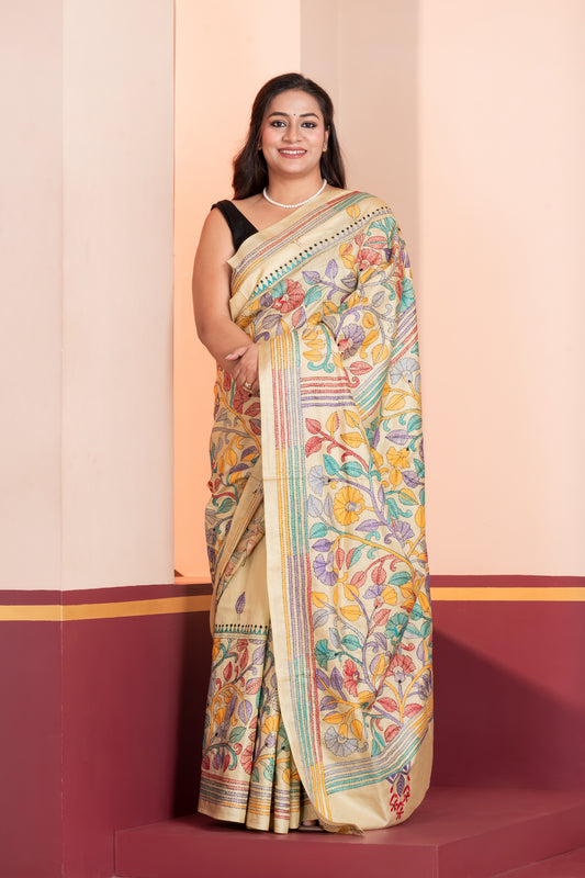 multicolour kantha stitch pure silk saree