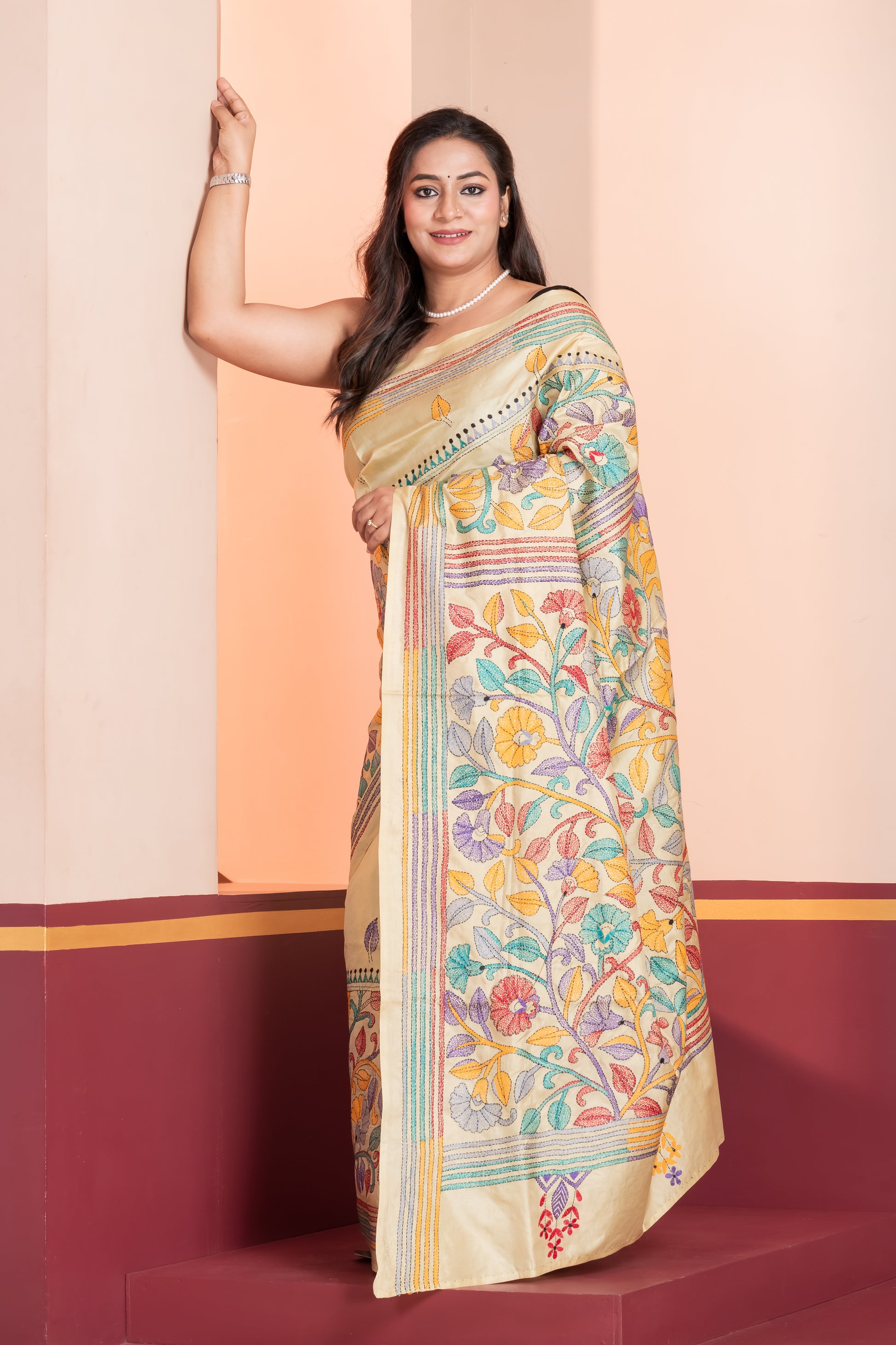 multicolour kantha stitch pure silk saree
