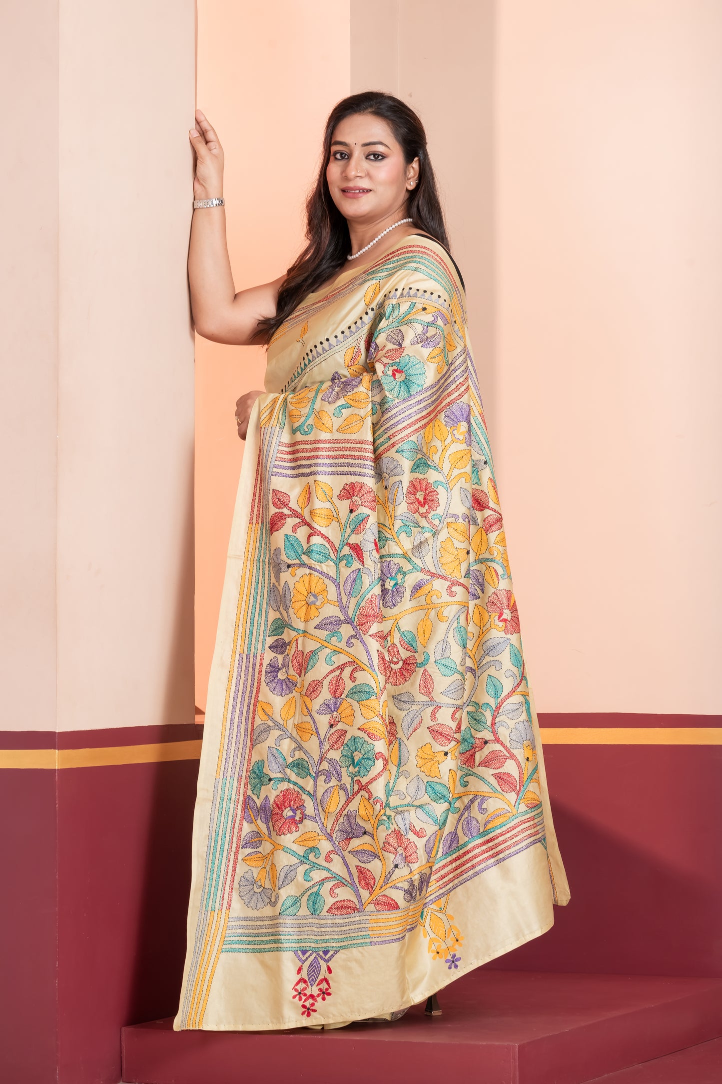 multicolour kantha stitch pure silk saree