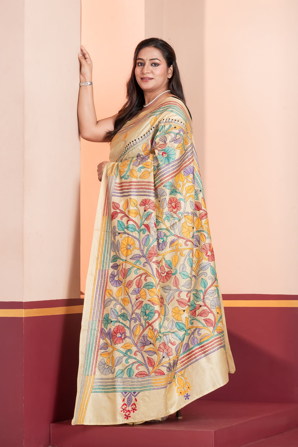 multicolour kantha stitch pure silk saree