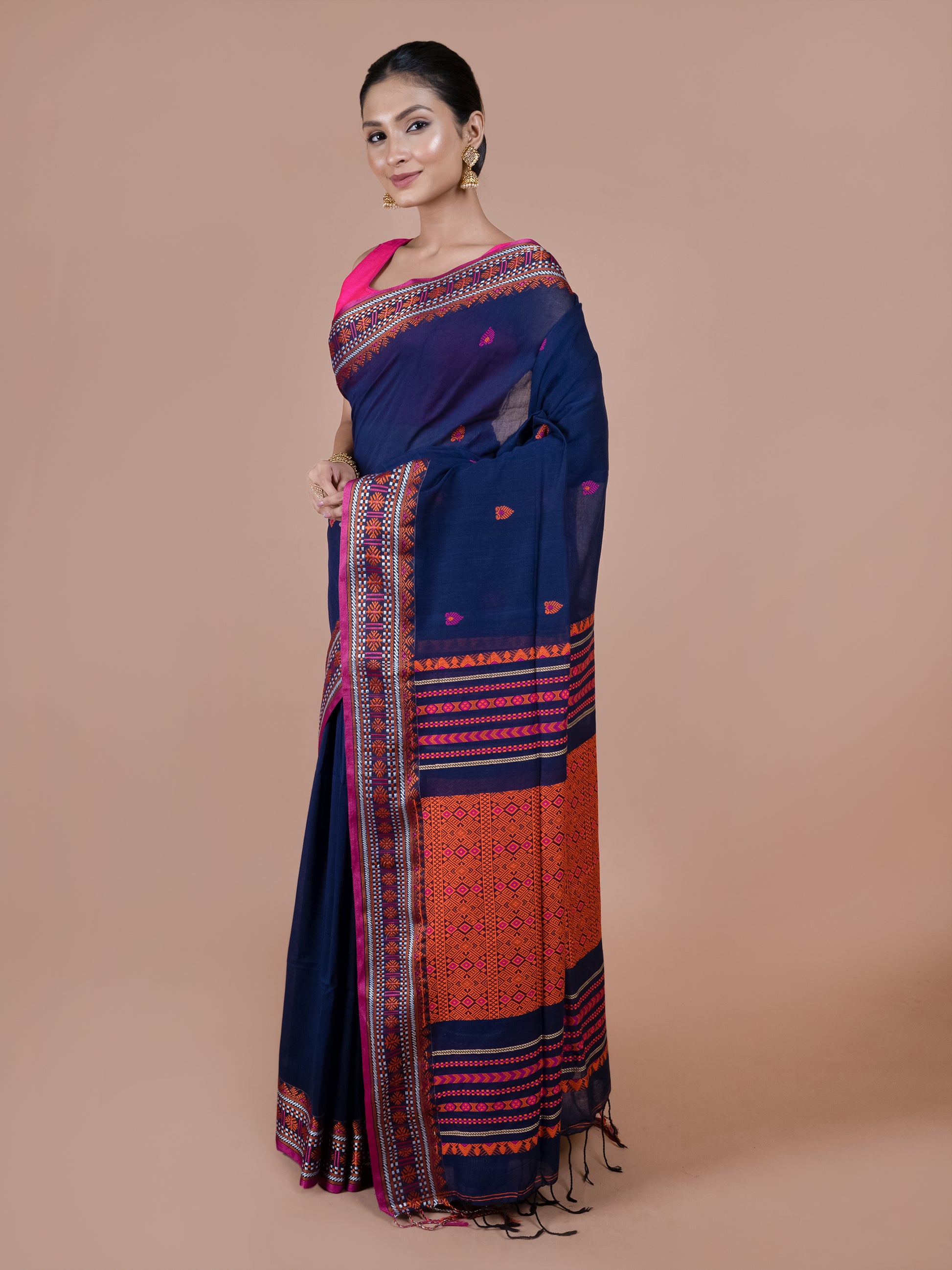 Nelambari Bengal handwoven pure cotton saree, deep blue traditional