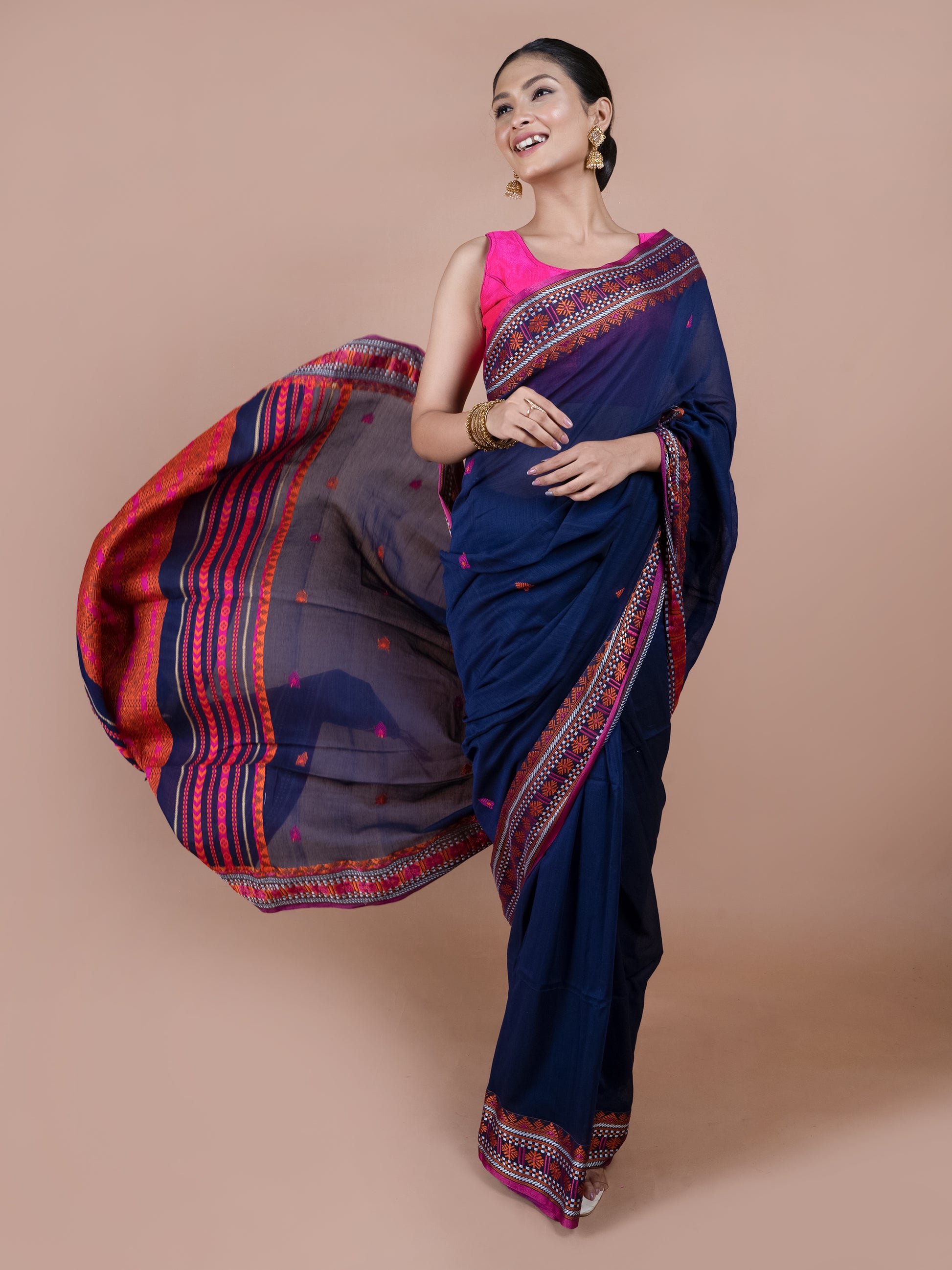 Nelambari Bengal handwoven pure cotton saree, deep blue traditional
