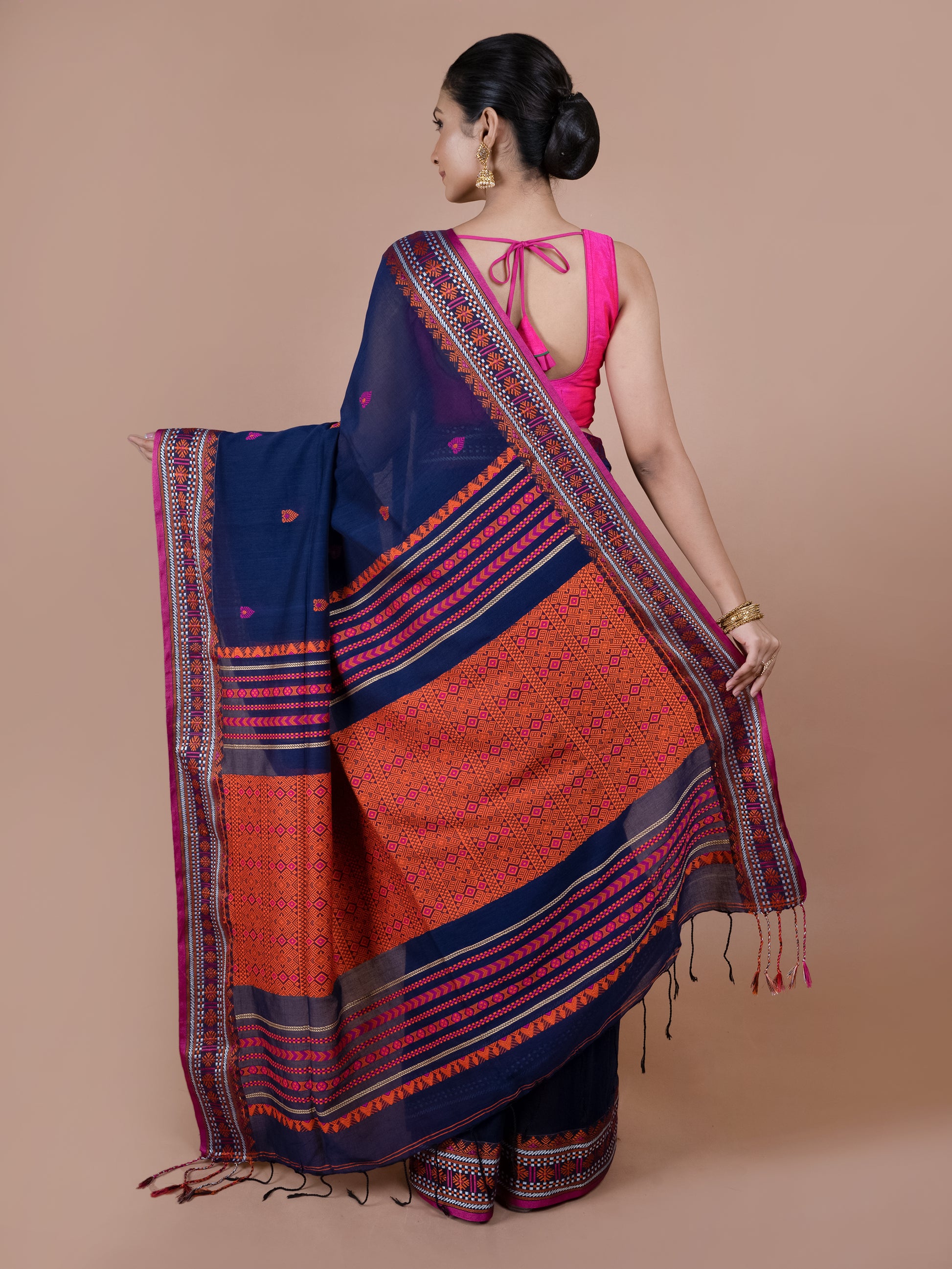 Nelambari Bengal handwoven pure cotton saree, deep blue traditional