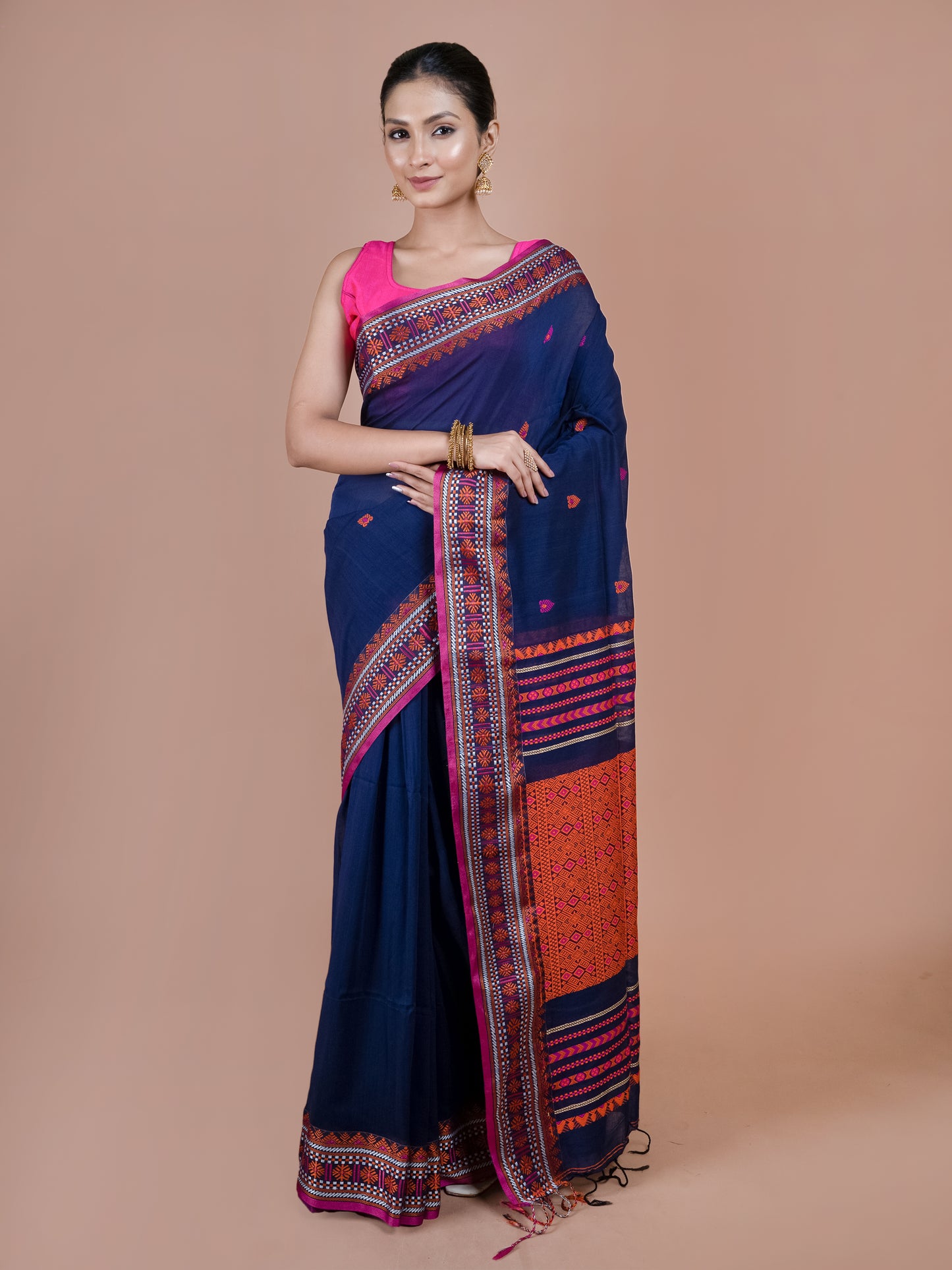 Nelambari Bengal handwoven pure cotton saree, deep blue traditional