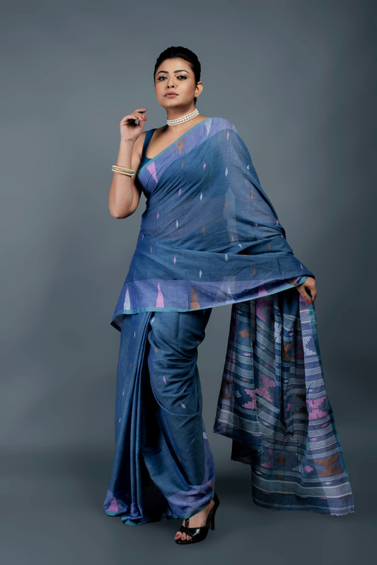 Nilambari blue Bengal pure cotton Jamdani saree, handwoven lightweight