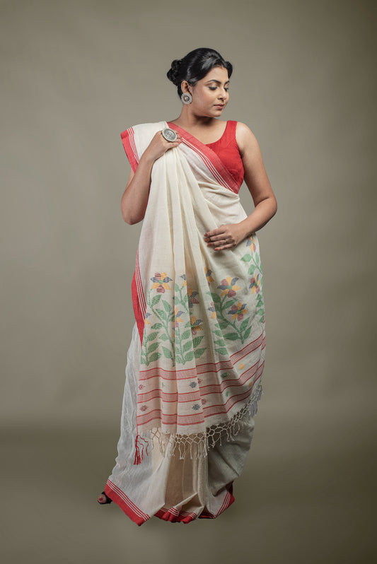 Off white Bengal pure cotton Jamdani saree, classic creamy handloom