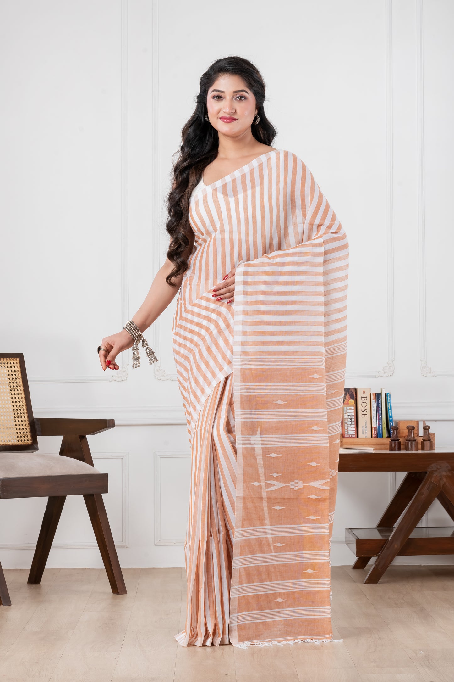 off white & brown pure cotton saree