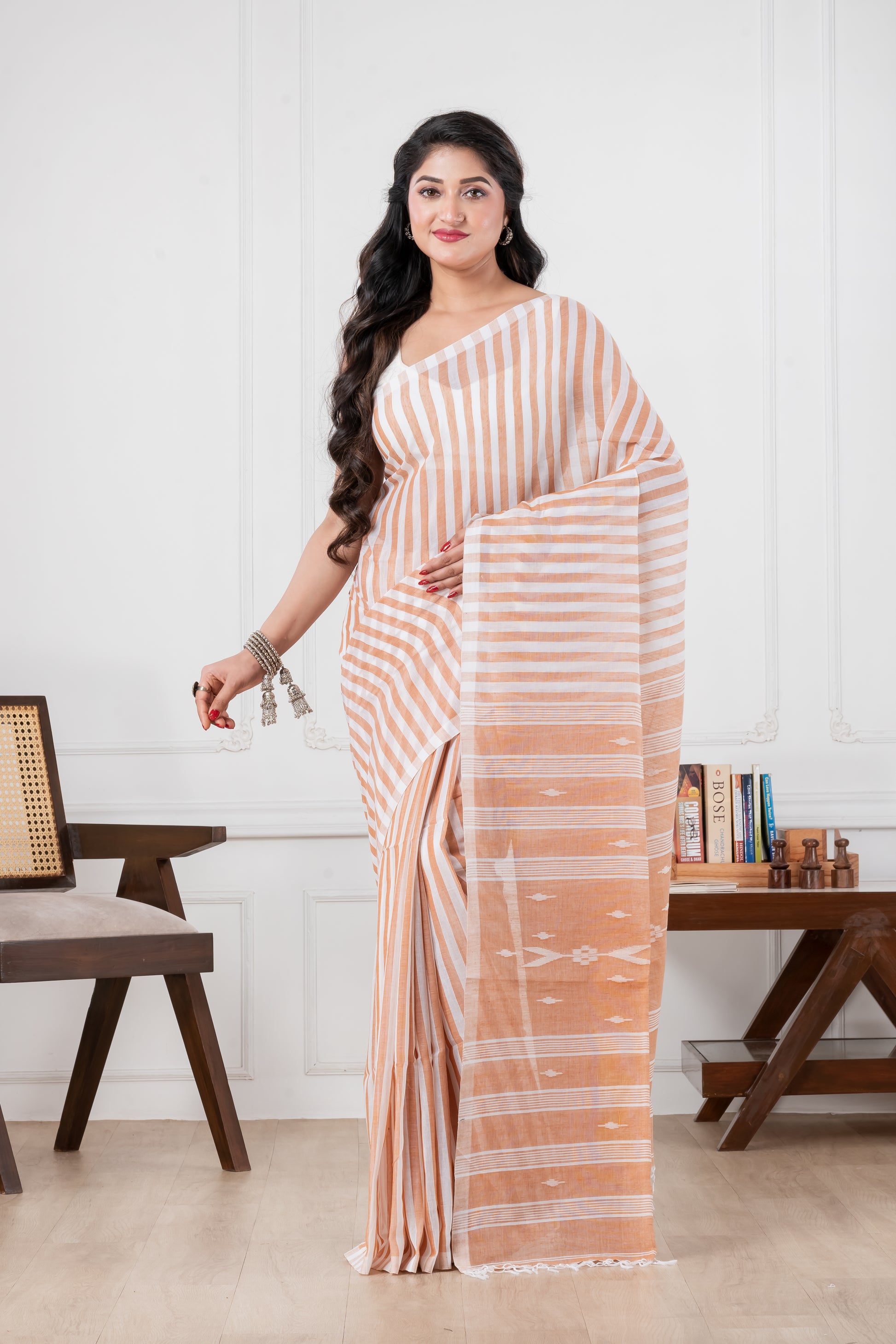 off white & brown pure cotton saree