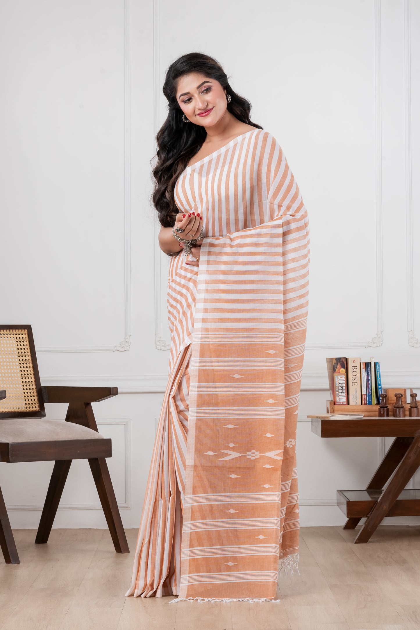 off white & brown pure cotton saree