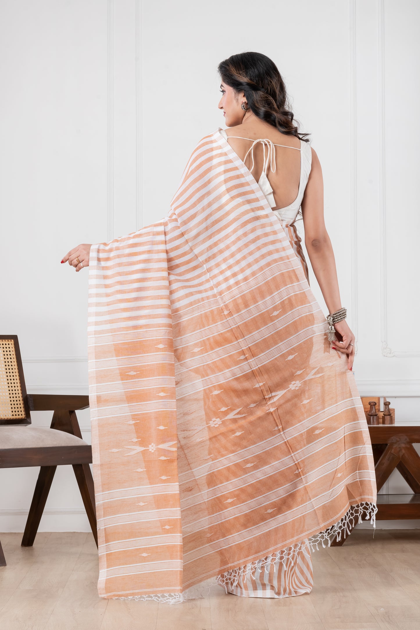 off white & brown pure cotton saree