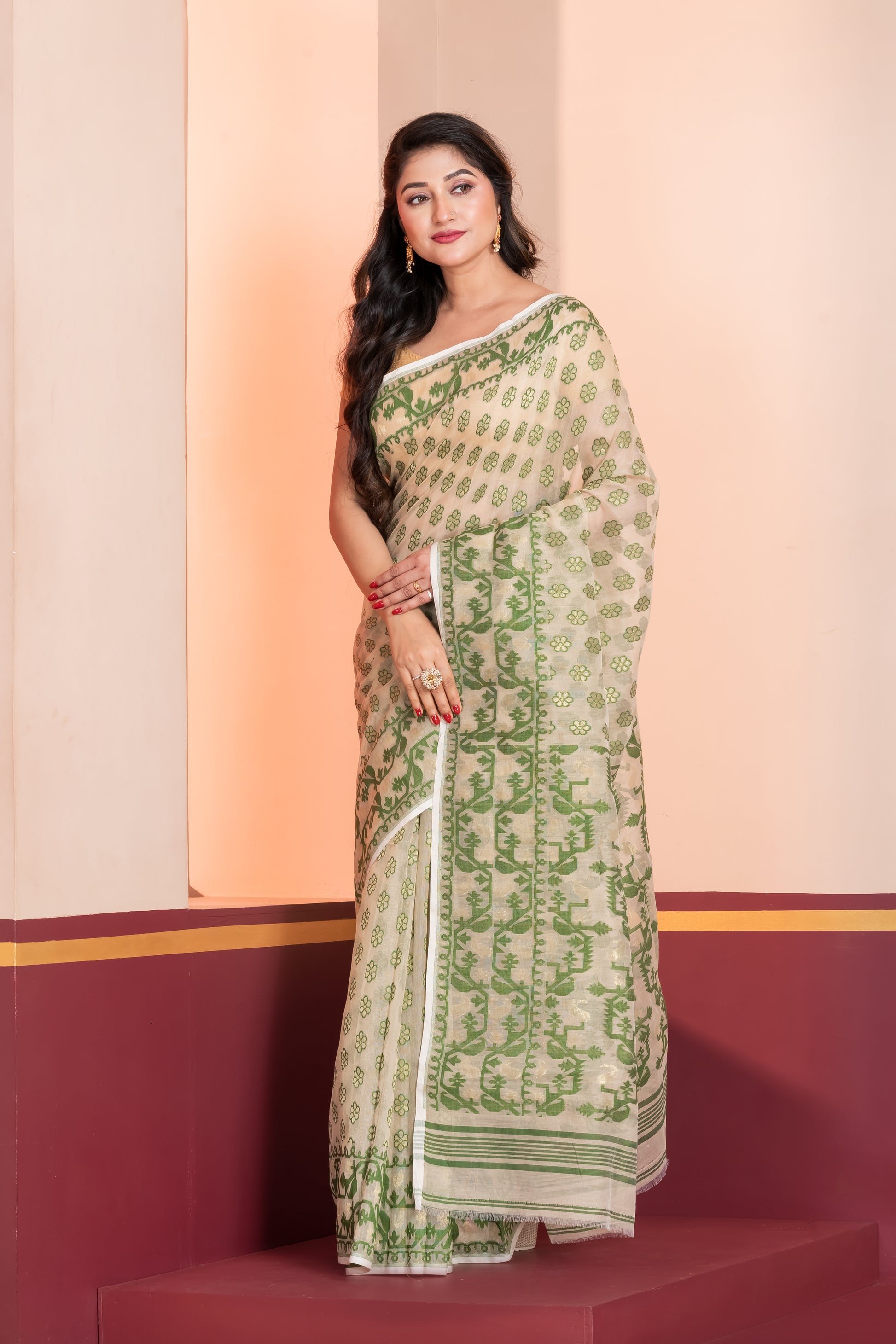 off white & green silk jamdani cotton saree